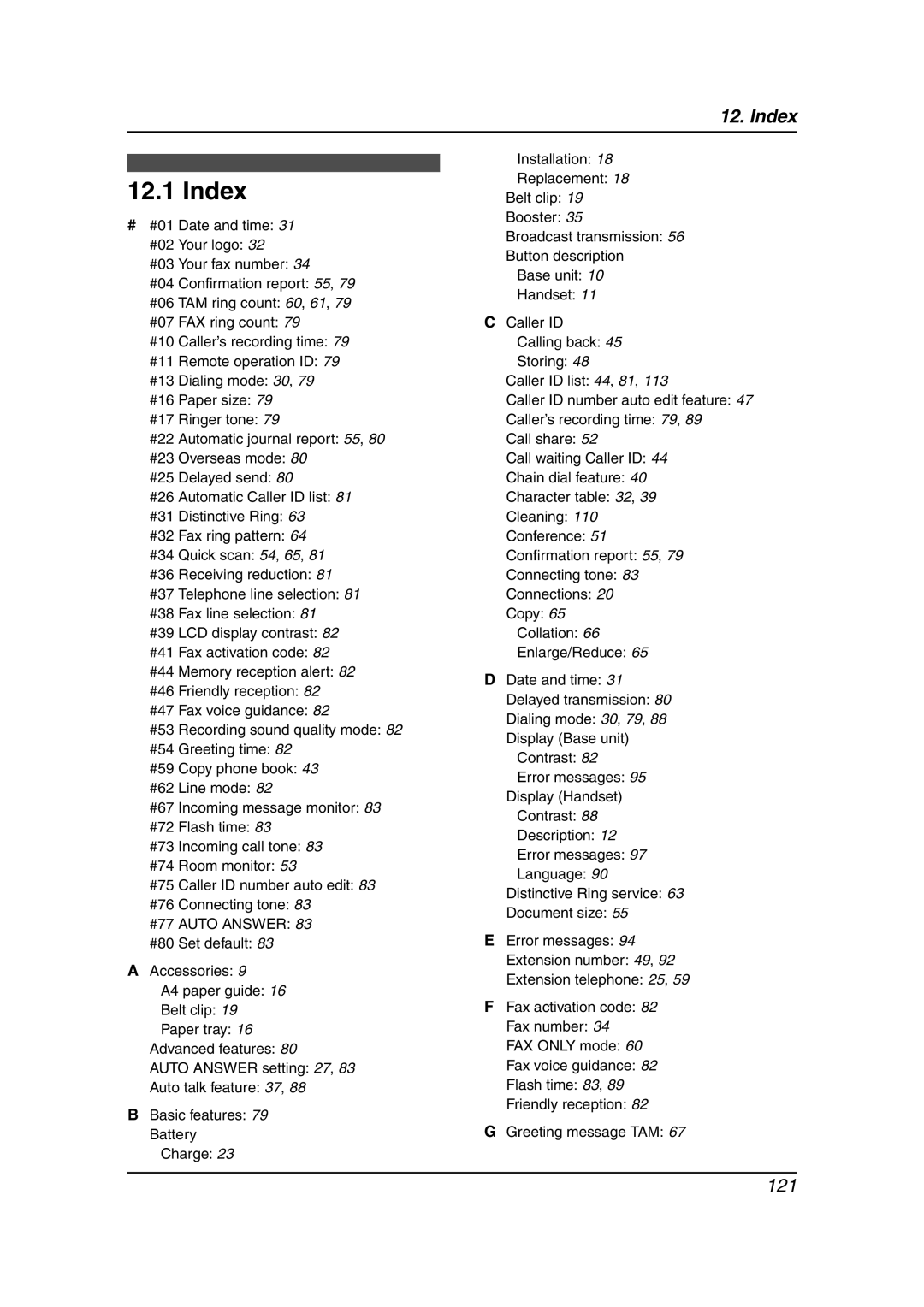 Panasonic KX-FG6550 operating instructions Index, #77 Auto Answer 