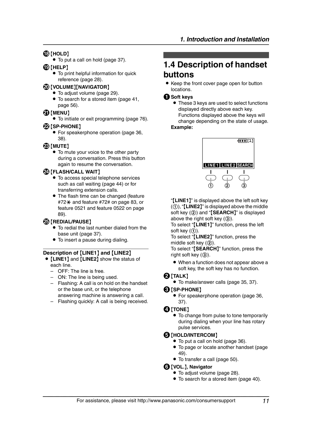 Panasonic KX-FG6550 operating instructions Description of handset buttons 