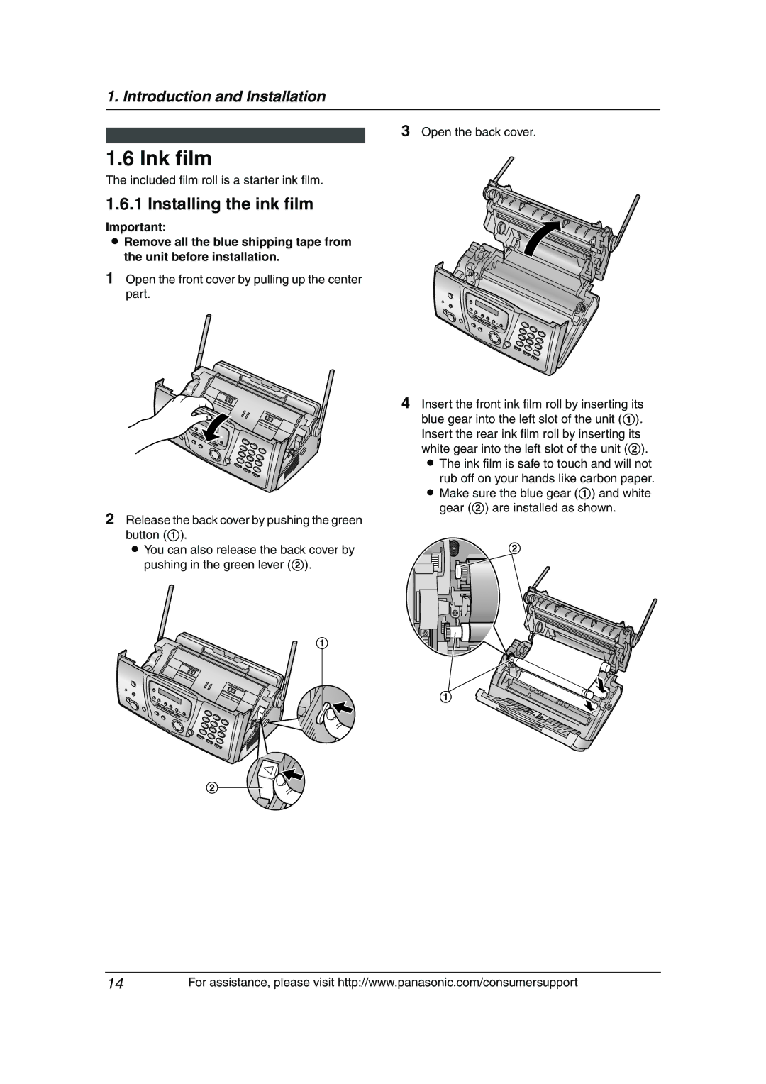 Panasonic KX-FG6550 Ink film, Installing the ink film, Open the back cover, Included film roll is a starter ink film 