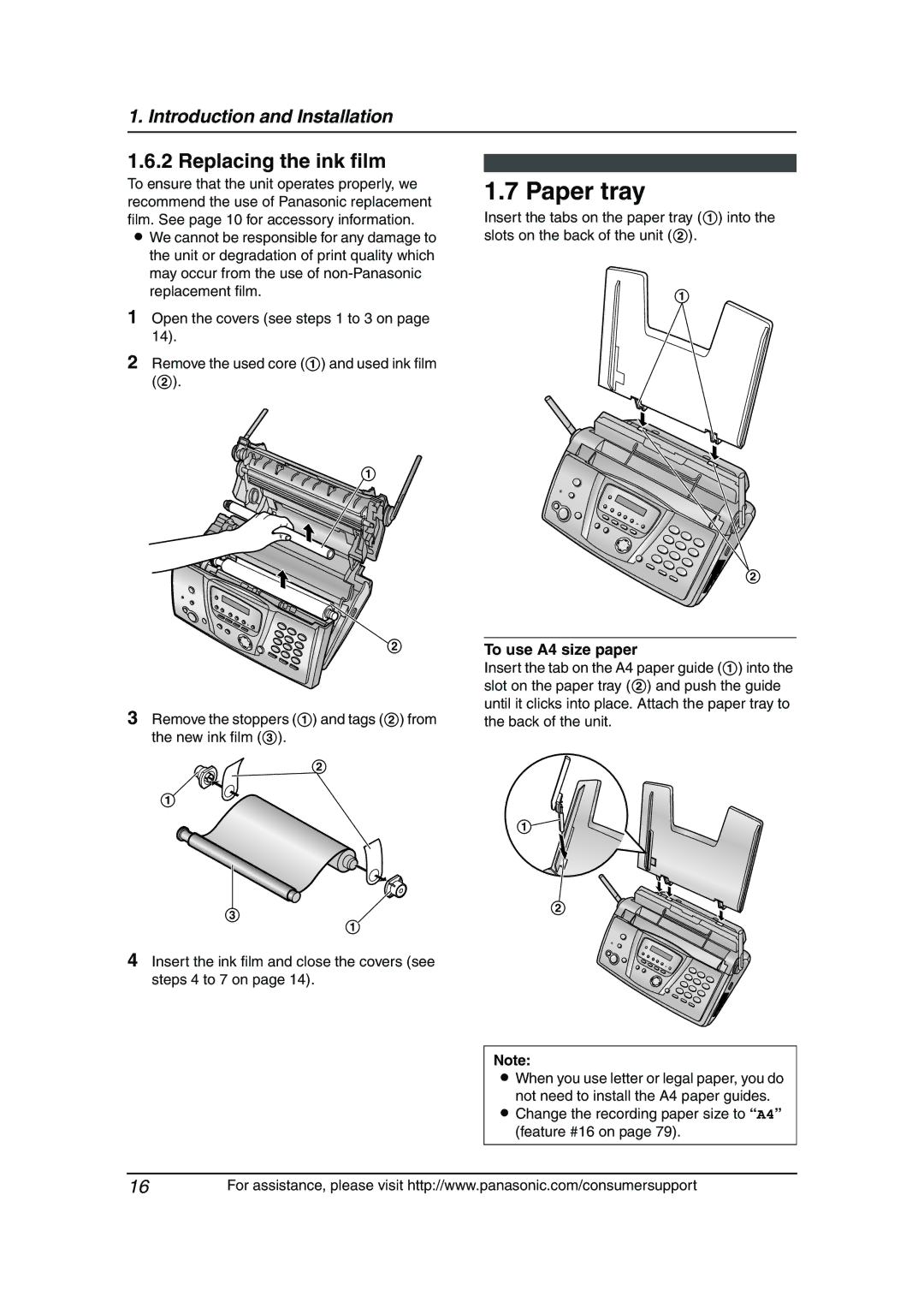 Panasonic KX-FG6550 operating instructions Paper tray, Replacing the ink film, To use A4 size paper 