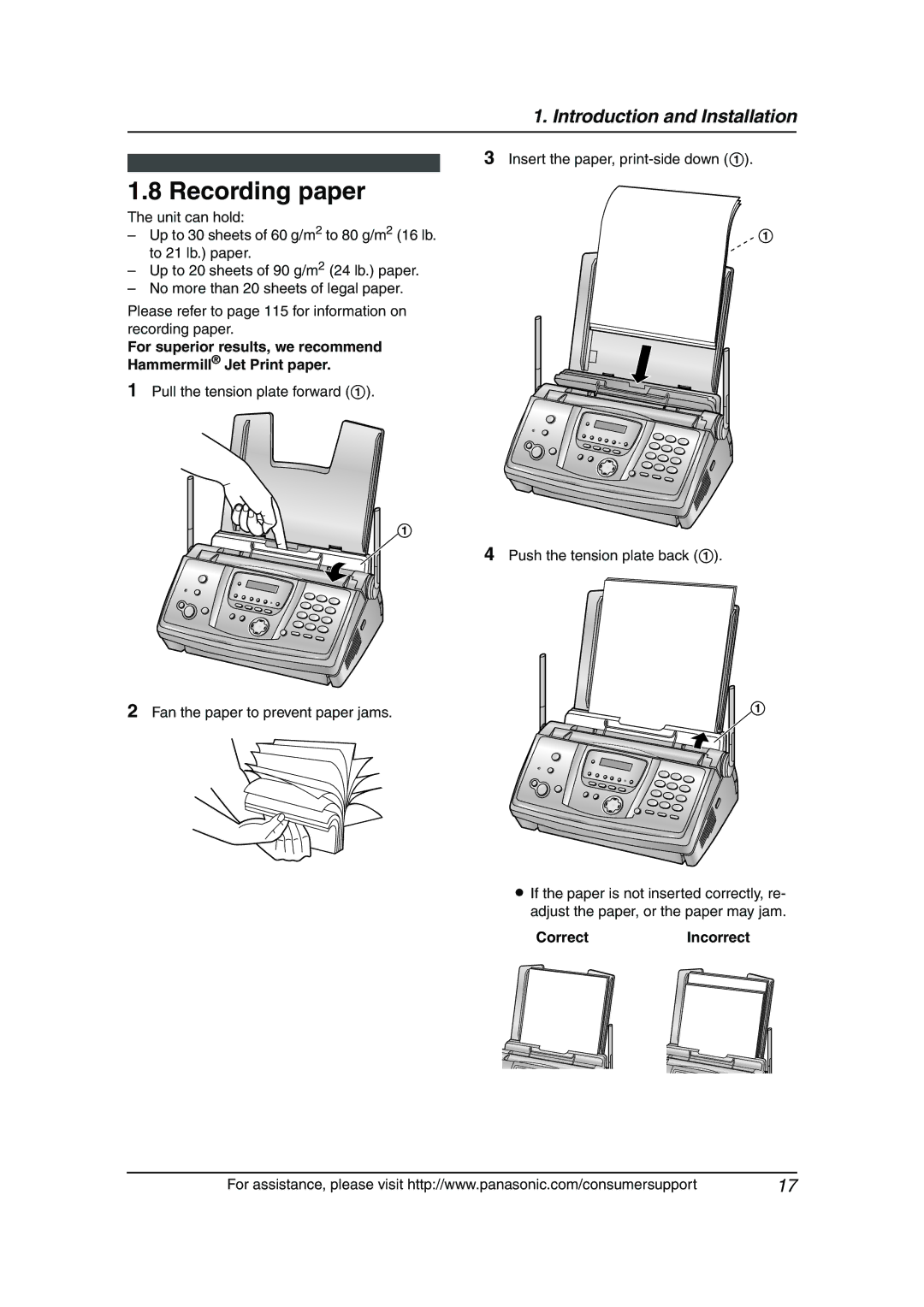 Panasonic KX-FG6550 Recording paper, Insert the paper, print-side down, Fan the paper to prevent paper jams 