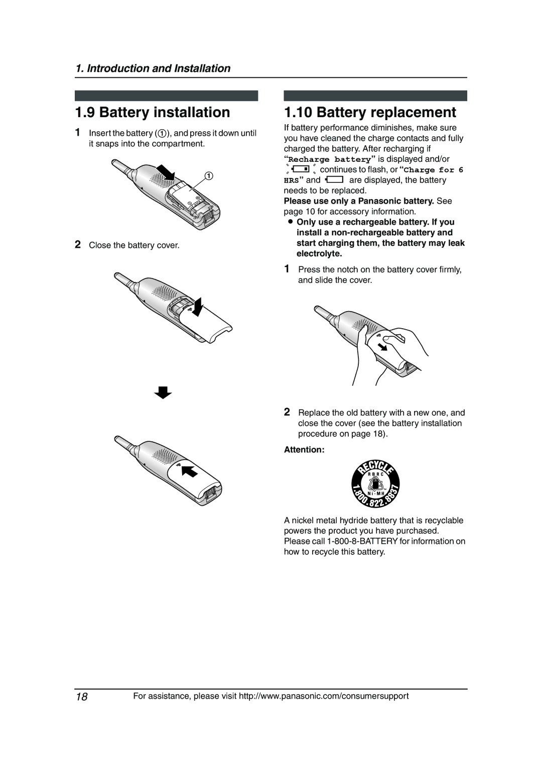 Panasonic KX-FG6550 operating instructions Battery installation, Battery replacement 