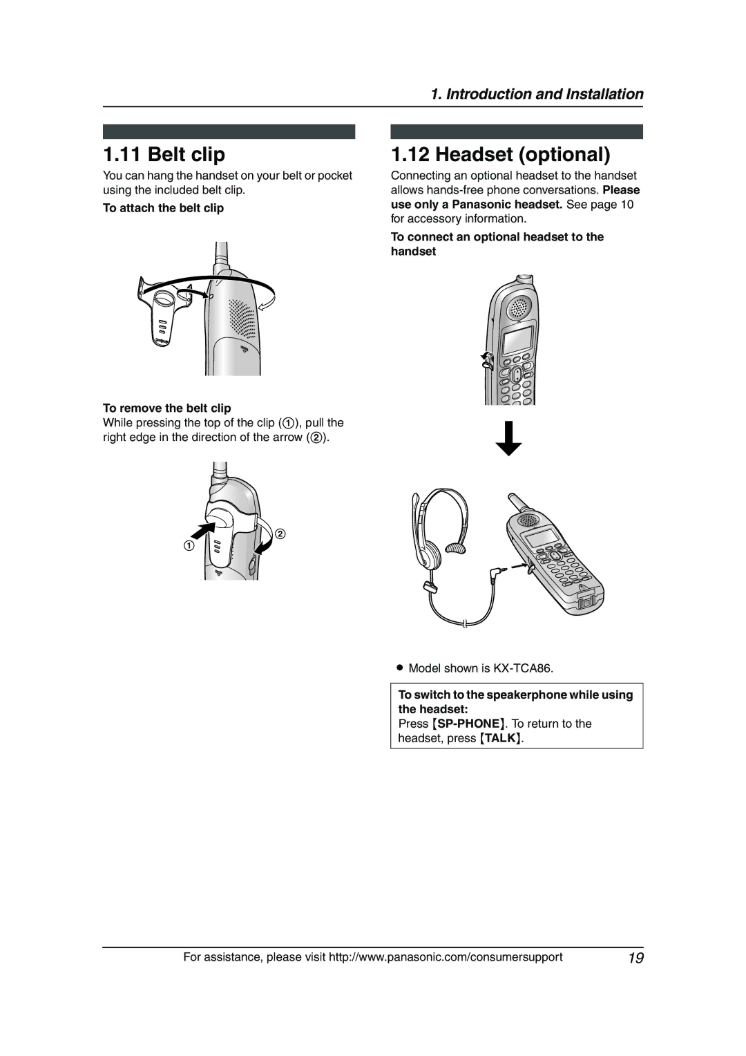 Panasonic KX-FG6550 operating instructions Belt clip, Headset optional, To attach the belt clip To remove the belt clip 