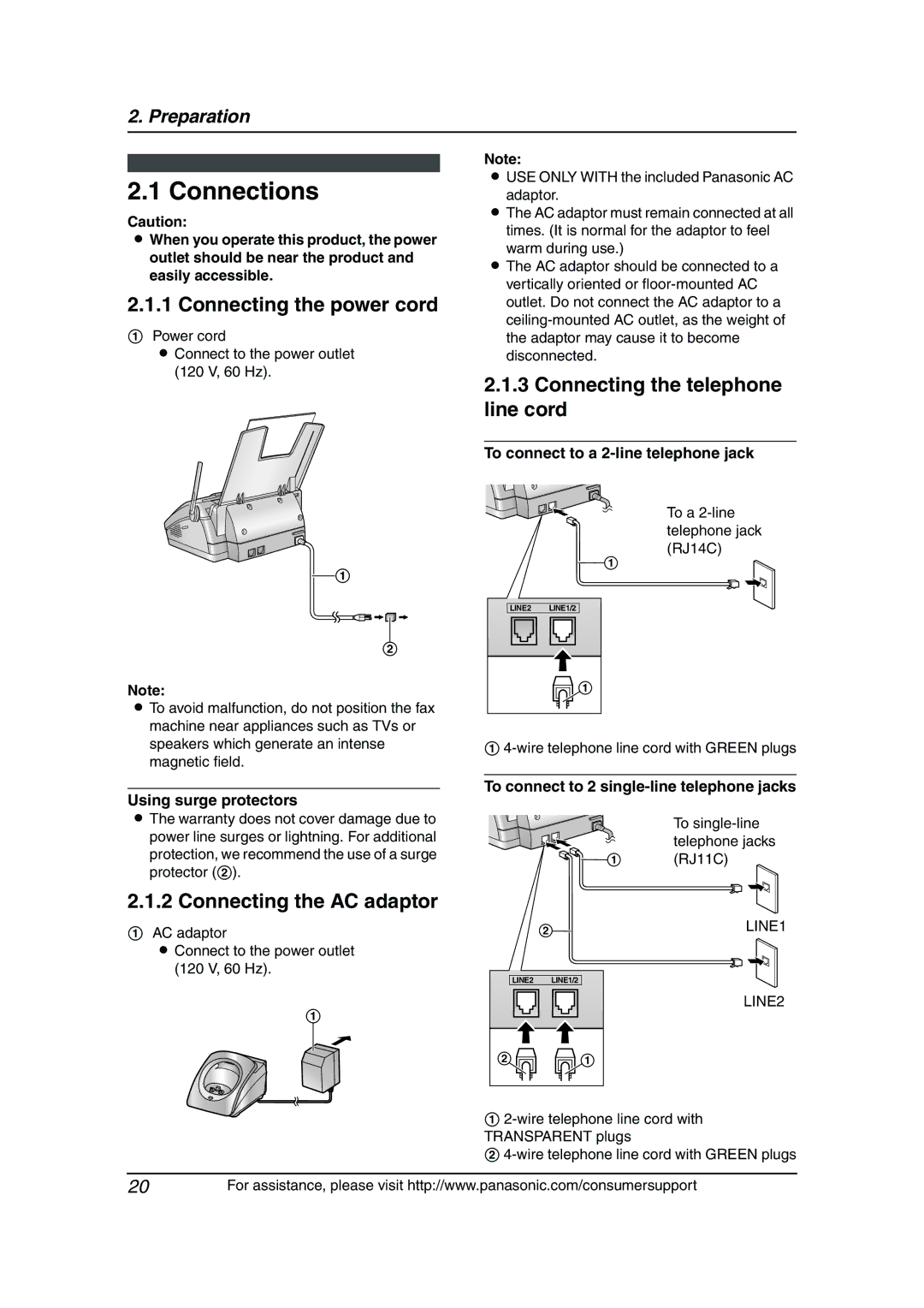 Panasonic KX-FG6550 Connections, Connecting the power cord, Connecting the telephone line cord, Connecting the AC adaptor 