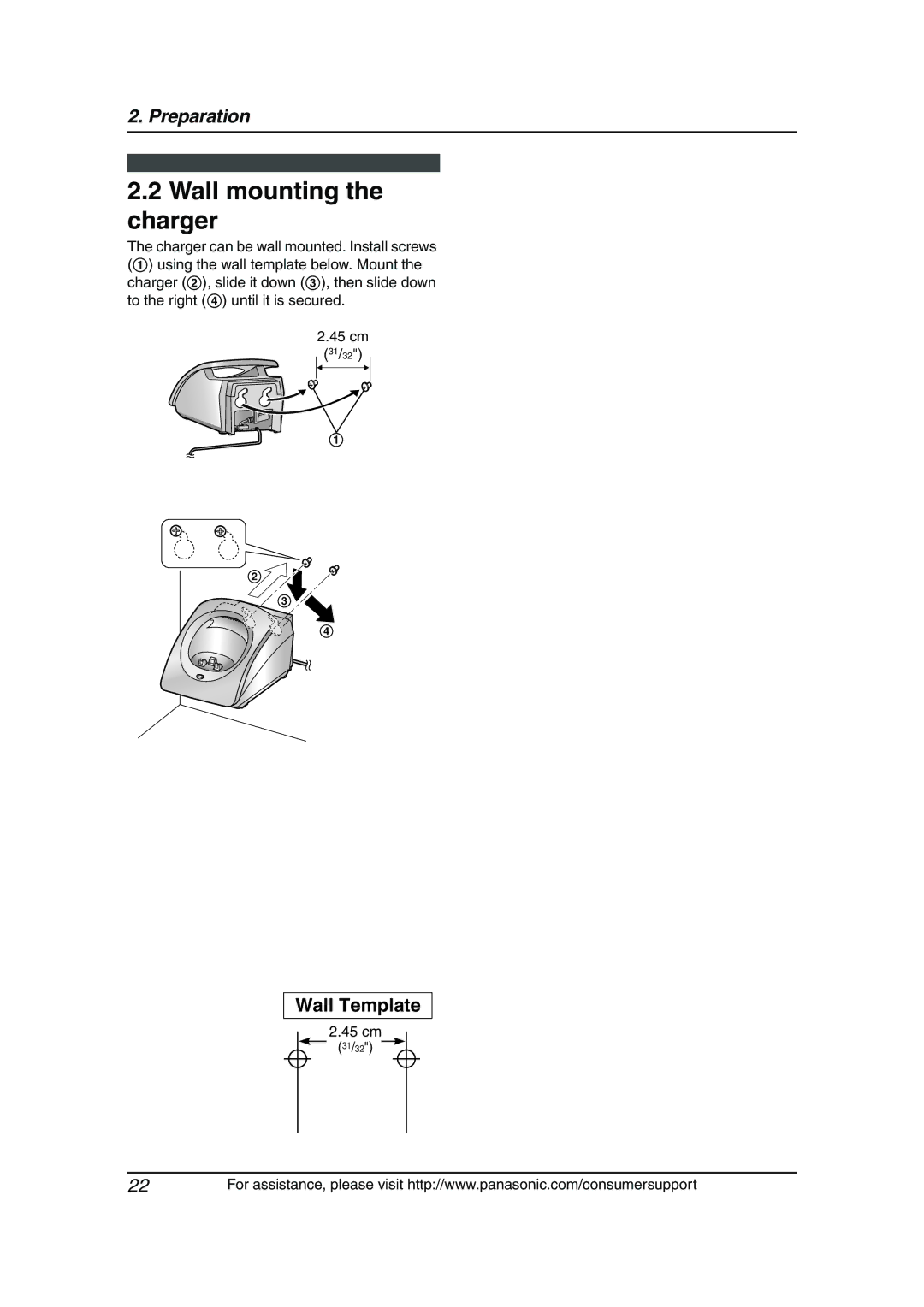 Panasonic KX-FG6550 operating instructions Wall mounting the charger, 45 cm 31/32 