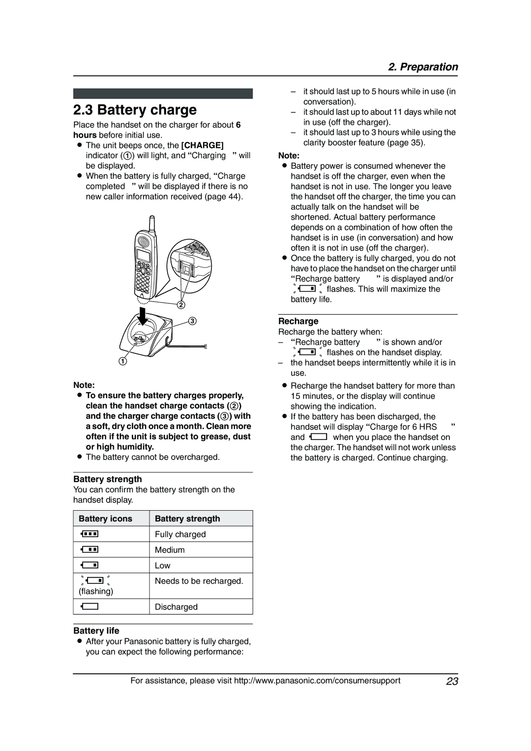 Panasonic KX-FG6550 operating instructions Battery charge, Battery icons Battery strength, Battery life, Recharge 