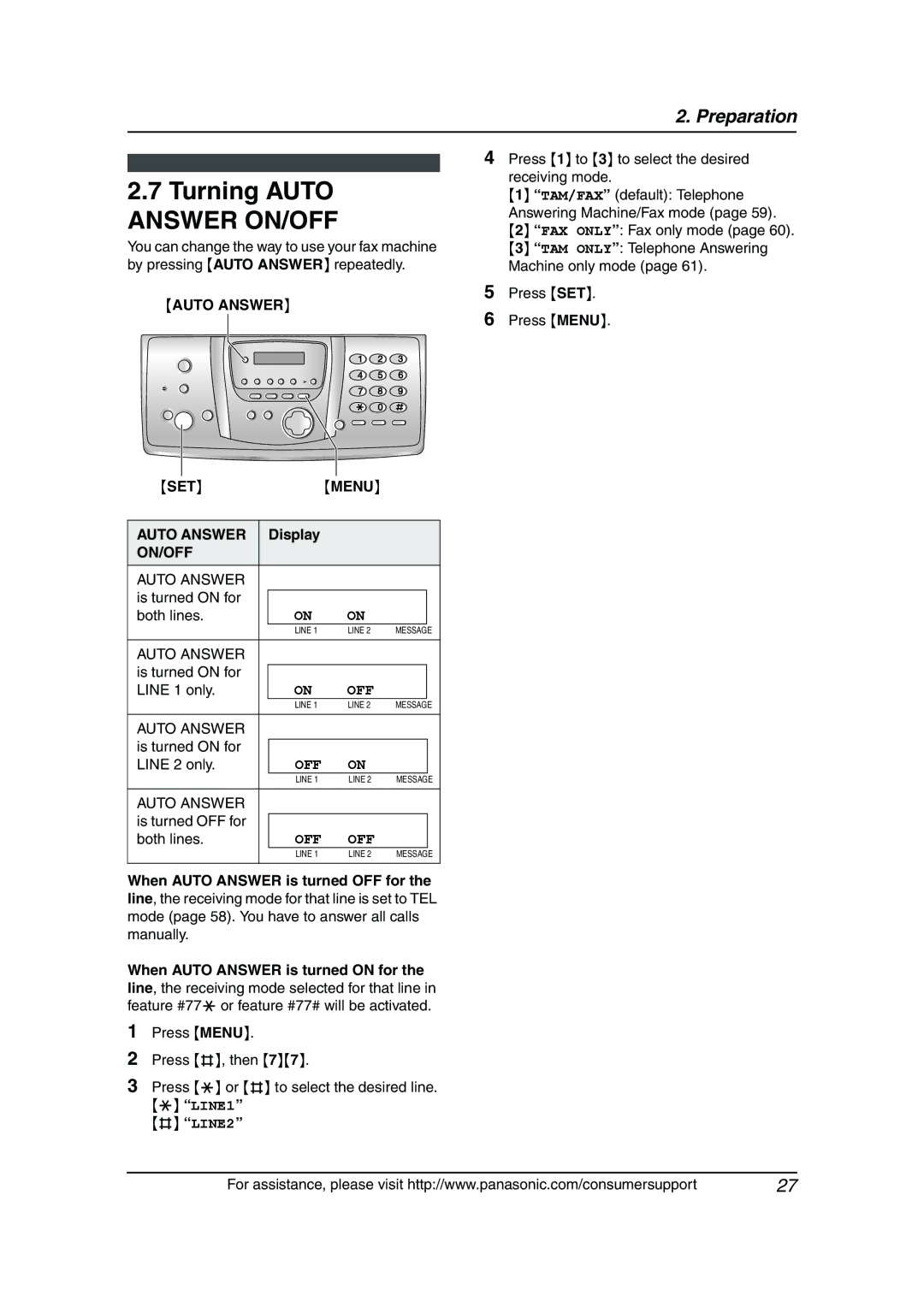 Panasonic KX-FG6550 operating instructions Turning Auto Answer ON/OFF, SET Menu Auto Answer, Display, On/Off 