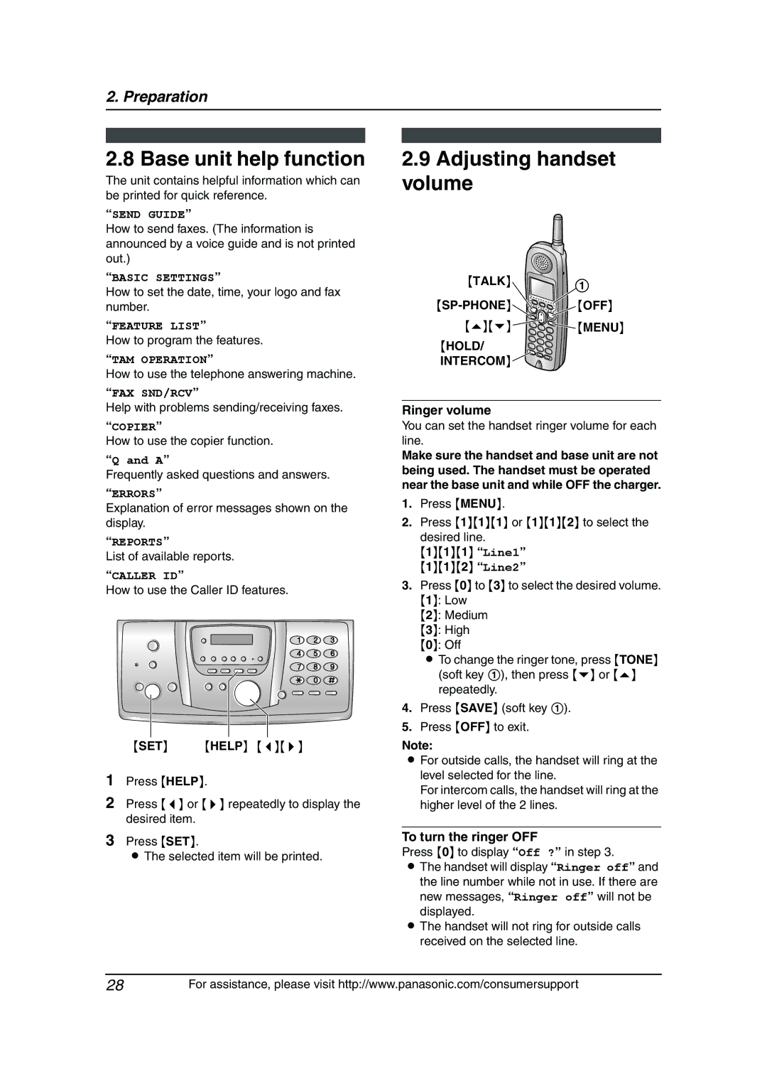 Panasonic KX-FG6550 operating instructions Base unit help function, Adjusting handset volume, Intercom 