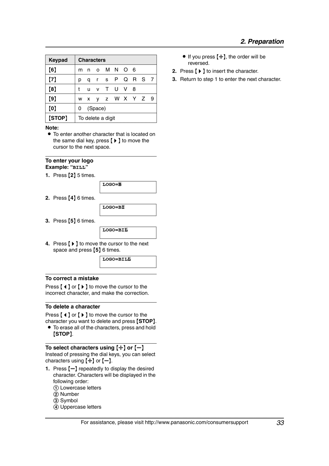 Panasonic KX-FG6550 operating instructions Keypad Characters, To enter your logo Example Bill, To delete a character 