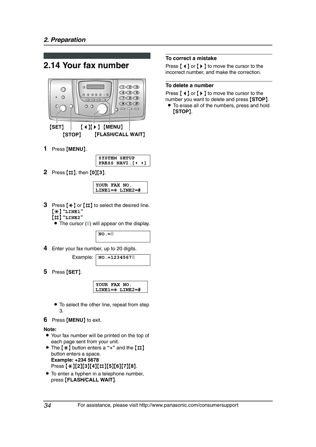 Panasonic KX-FG6550 operating instructions Your fax number, Set, Stop FLASH/CALL Wait, Example +234, To delete a number 