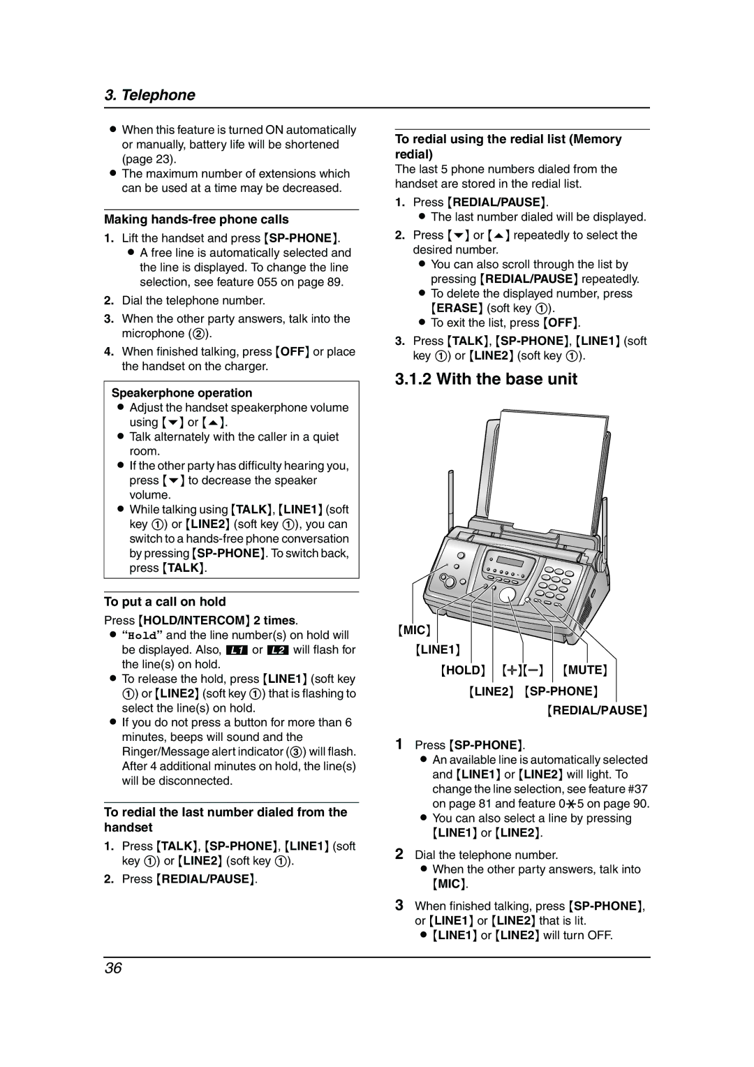 Panasonic KX-FG6550 operating instructions MIC LINE1, LINE2 SP-PHONE REDIAL/PAUSE 