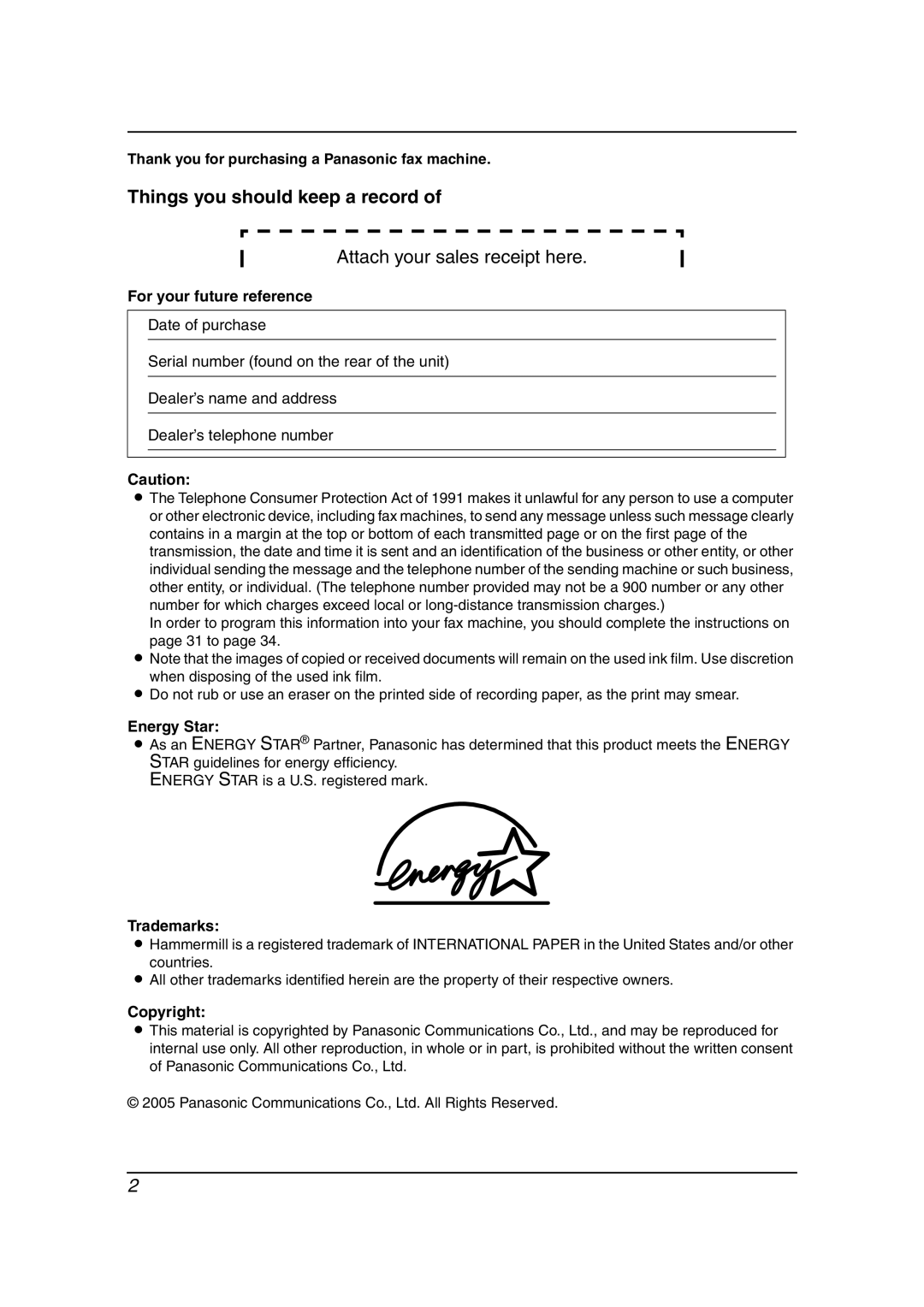 Panasonic KX-FG6550 Thank you for purchasing a Panasonic fax machine, For your future reference, Energy Star, Trademarks 