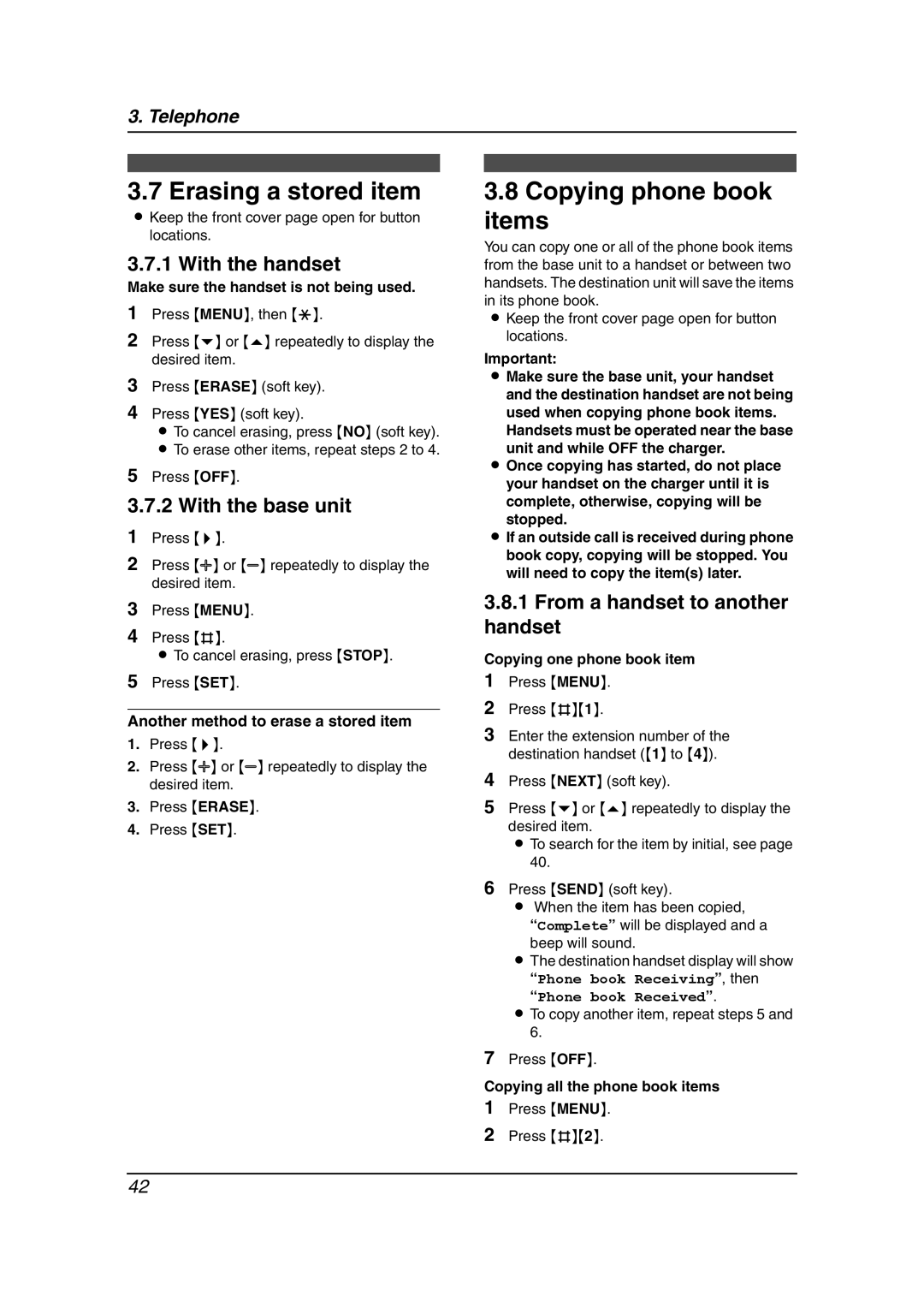 Panasonic KX-FG6550 Erasing a stored item, Copying phone book items, From a handset to another handset 