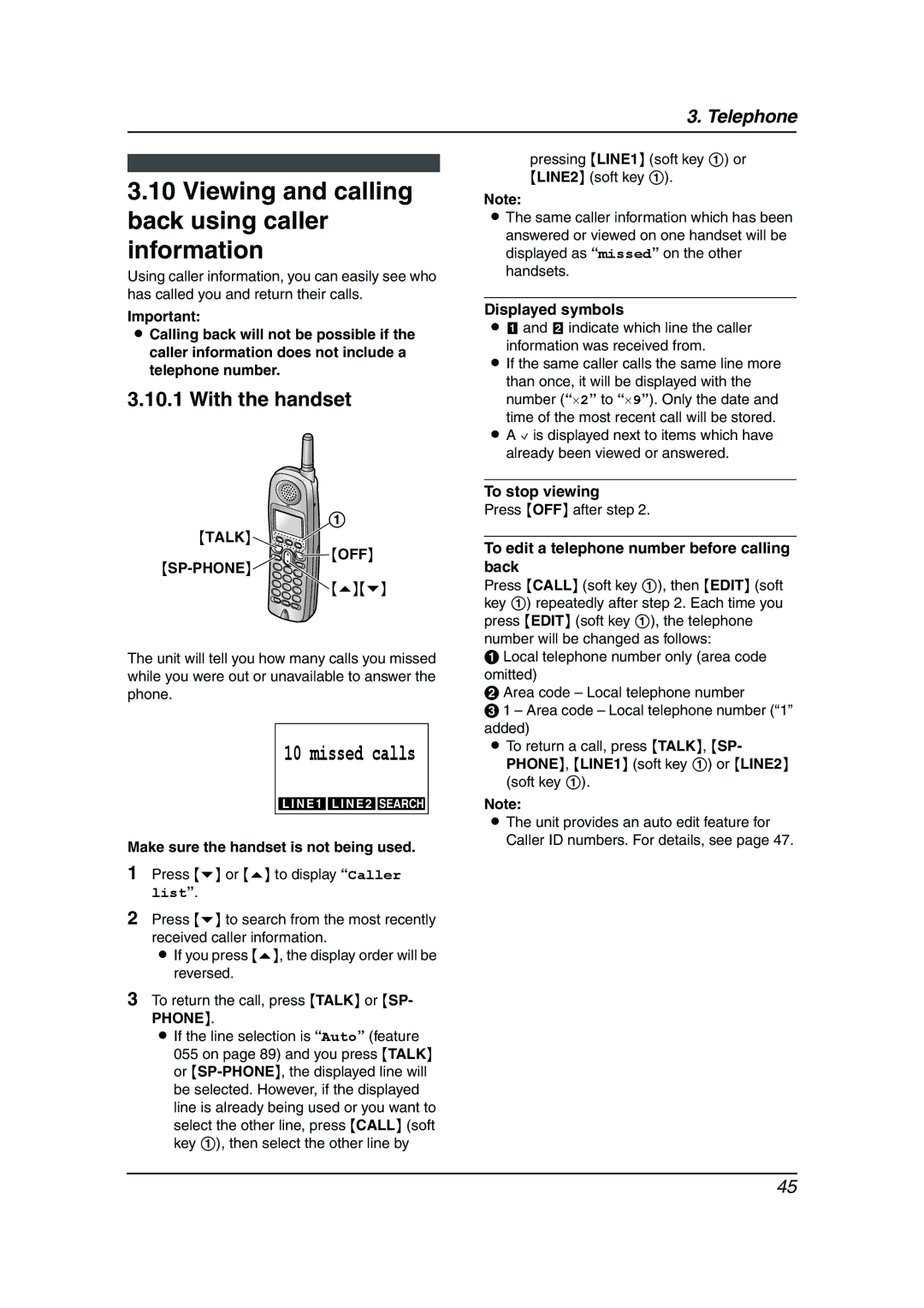 Panasonic KX-FG6550 Viewing and calling back using caller information, Displayed symbols, To stop viewing 