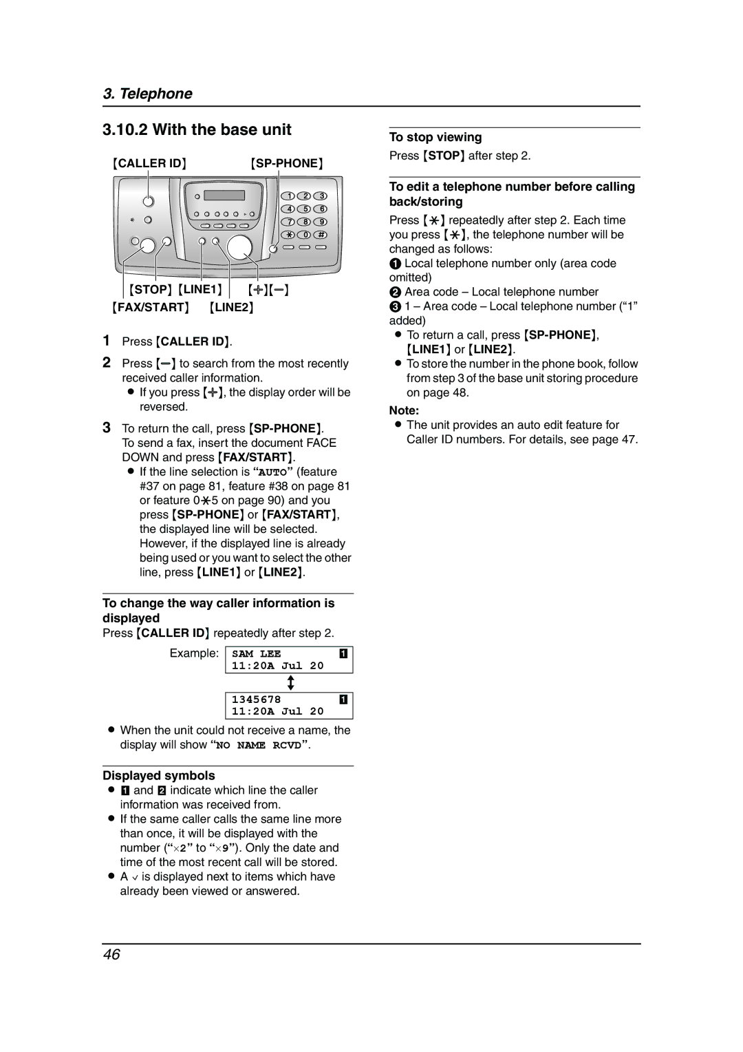 Panasonic KX-FG6550 operating instructions Caller ID SP-PHONE, FAX/START LINE2 