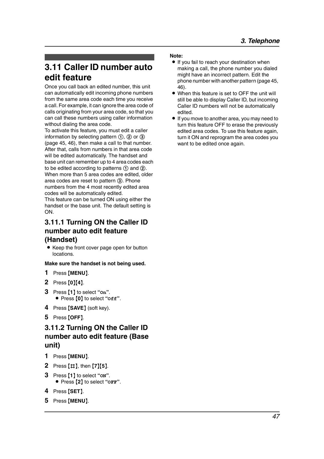 Panasonic KX-FG6550 operating instructions Turning on the Caller ID number auto edit feature Handset, Edited 