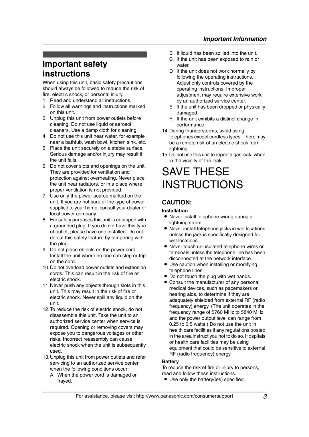 Panasonic KX-FG6550 Important safety instructions, Installation, Never install telephone wiring during a lightning storm 