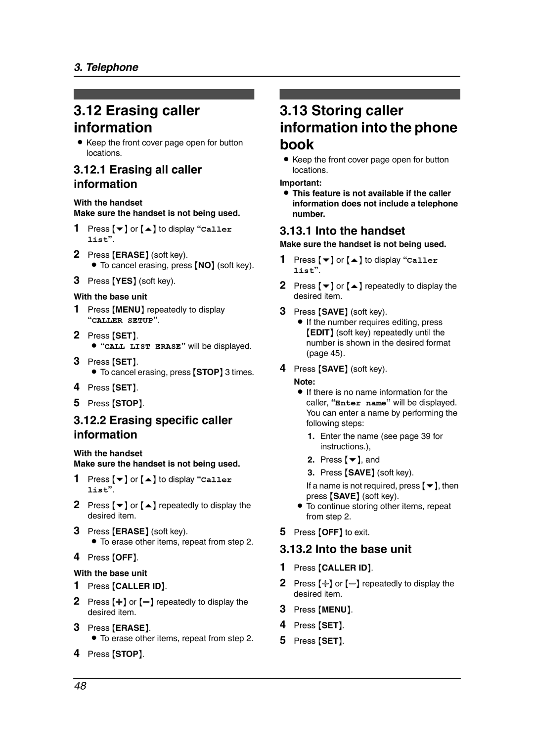 Panasonic KX-FG6550 operating instructions Erasing caller information, Storing caller information into the phone book 