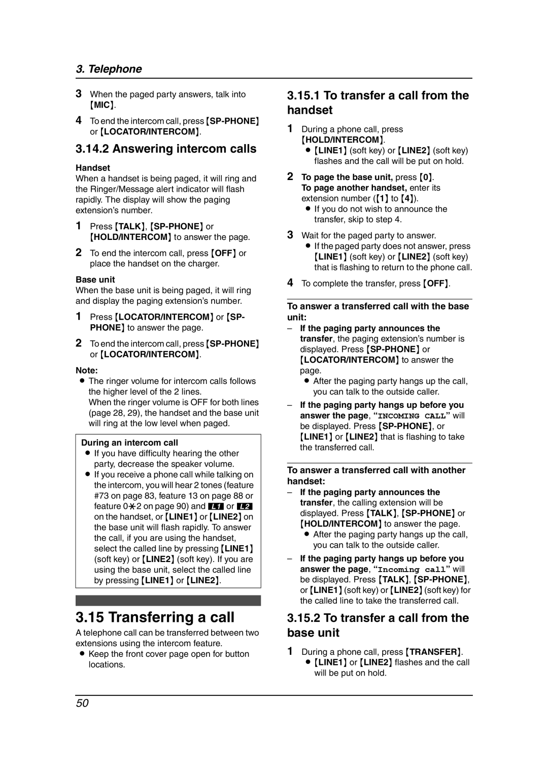 Panasonic KX-FG6550 Transferring a call, Answering intercom calls, To transfer a call from the handset 