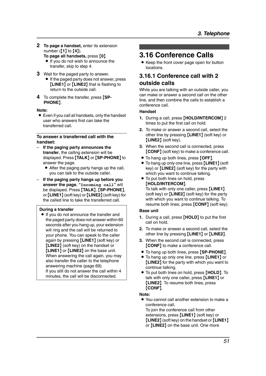 Panasonic KX-FG6550 operating instructions Conference Calls, Conference call with 2 outside calls, During a transfer 