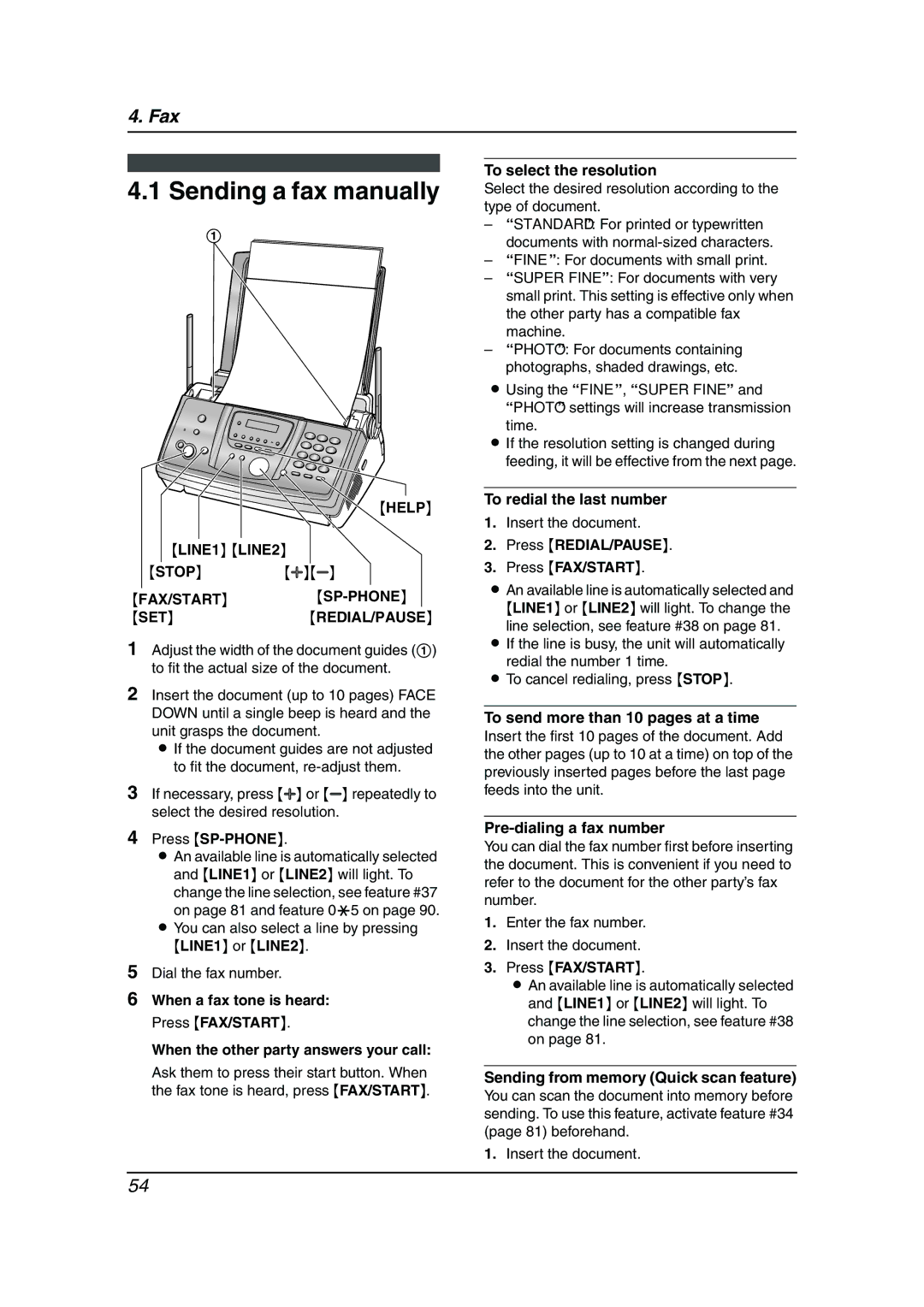 Panasonic KX-FG6550 operating instructions Sending a fax manually, Help LINE1 LINE2, Fax/Start Sp-Phone Set Redial/Pause 