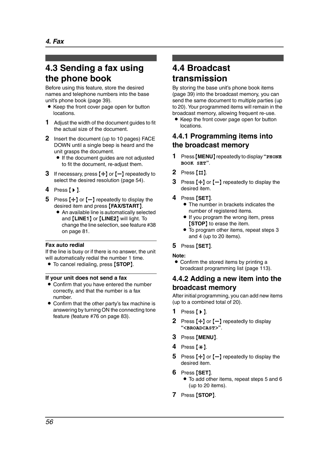 Panasonic KX-FG6550 operating instructions Sending a fax using the phone book, Broadcast transmission 