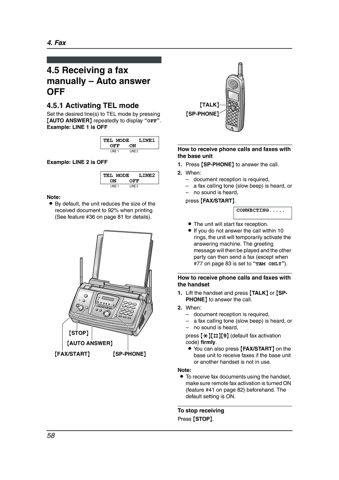 Panasonic KX-FG6550 operating instructions Receiving a fax manually Auto answer, Activating TEL mode 