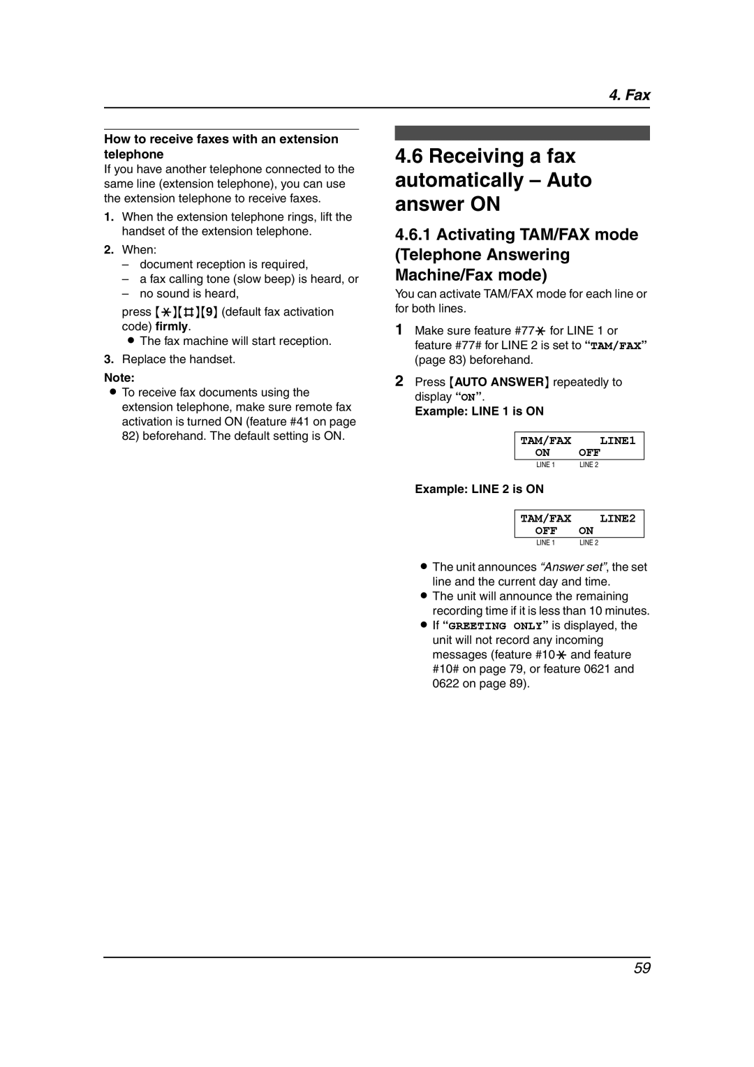 Panasonic KX-FG6550 Receiving a fax automatically Auto answer on, How to receive faxes with an extension telephone 