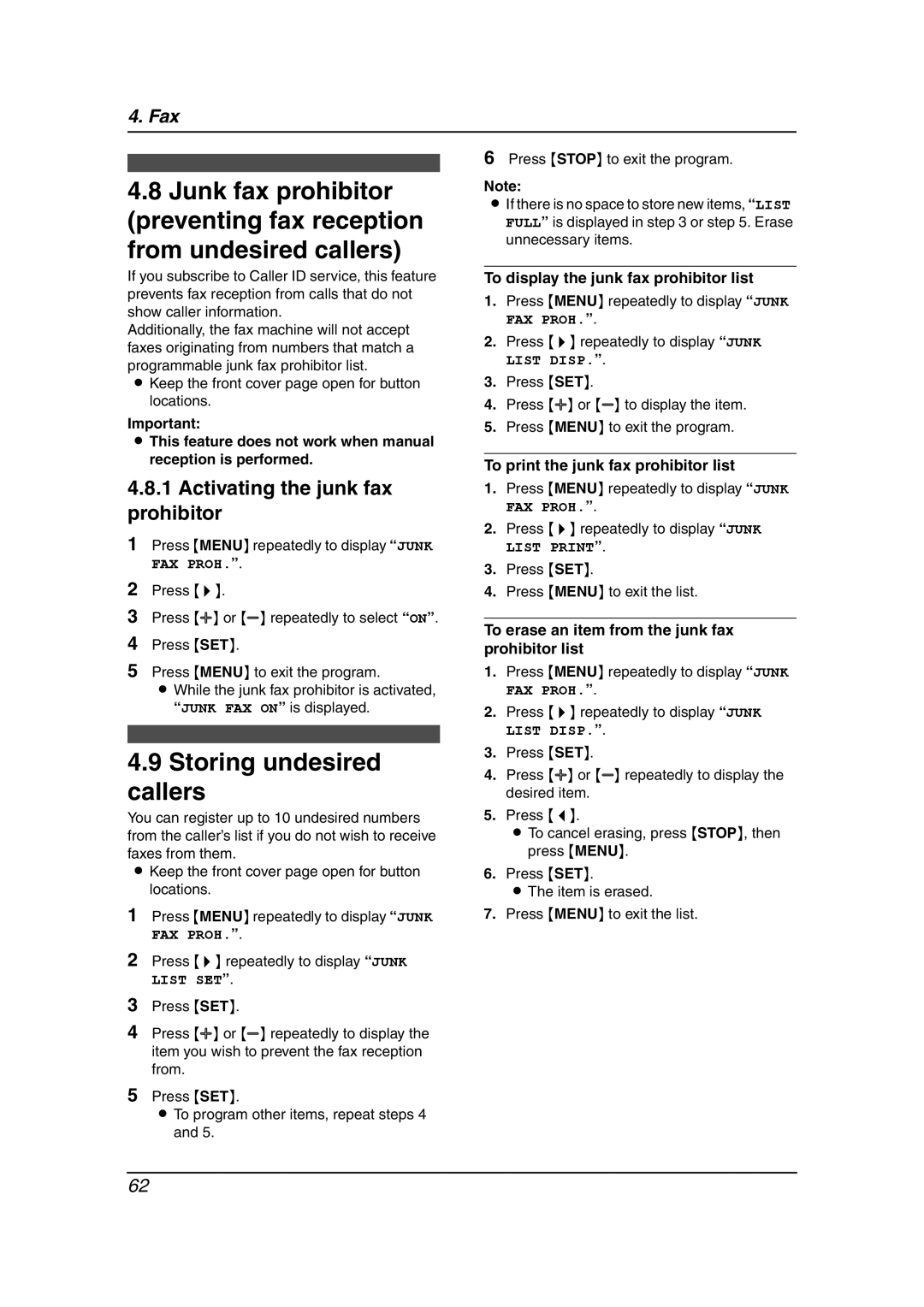 Panasonic KX-FG6550 Storing undesired callers, Activating the junk fax prohibitor, To display the junk fax prohibitor list 