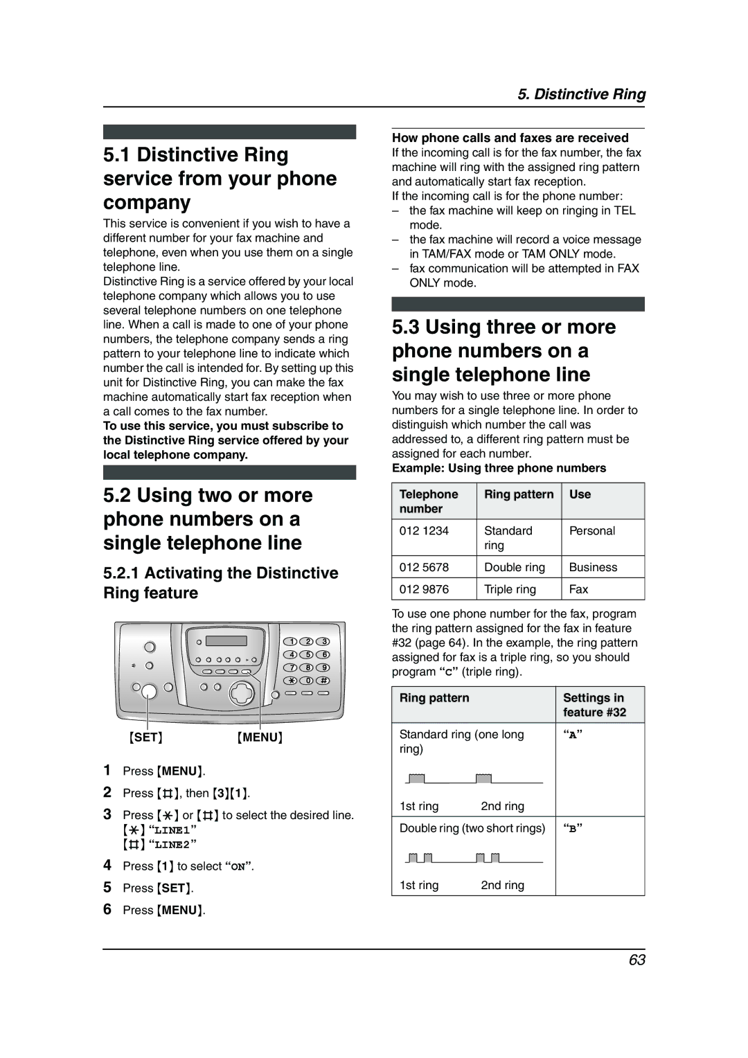 Panasonic KX-FG6550 Distinctive Ring service from your phone company, Activating the Distinctive Ring feature 