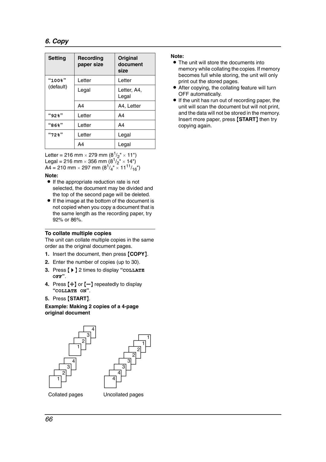 Panasonic KX-FG6550 operating instructions Setting Recording Original Paper size Document Size, To collate multiple copies 