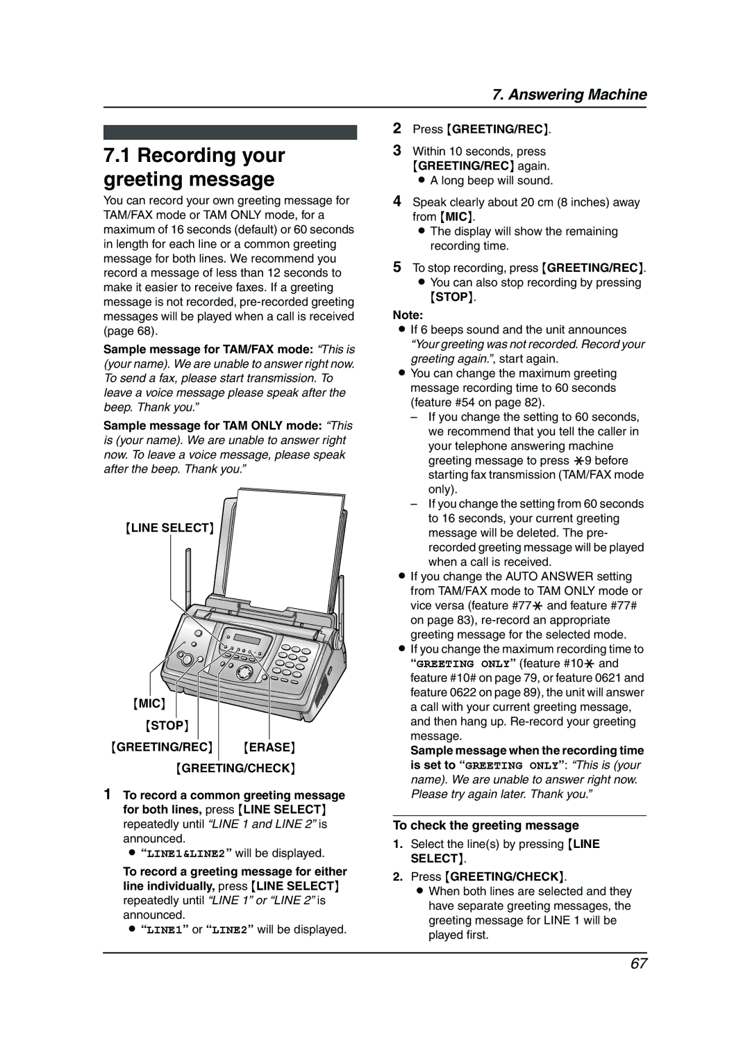 Panasonic KX-FG6550 Recording your greeting message, Line Select MIC Stop GREETING/REC Erase GREETING/CHECK 