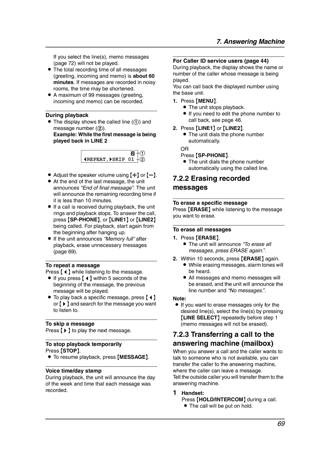 Panasonic KX-FG6550 operating instructions Erasing recorded messages, Transferring a call to the answering machine mailbox 