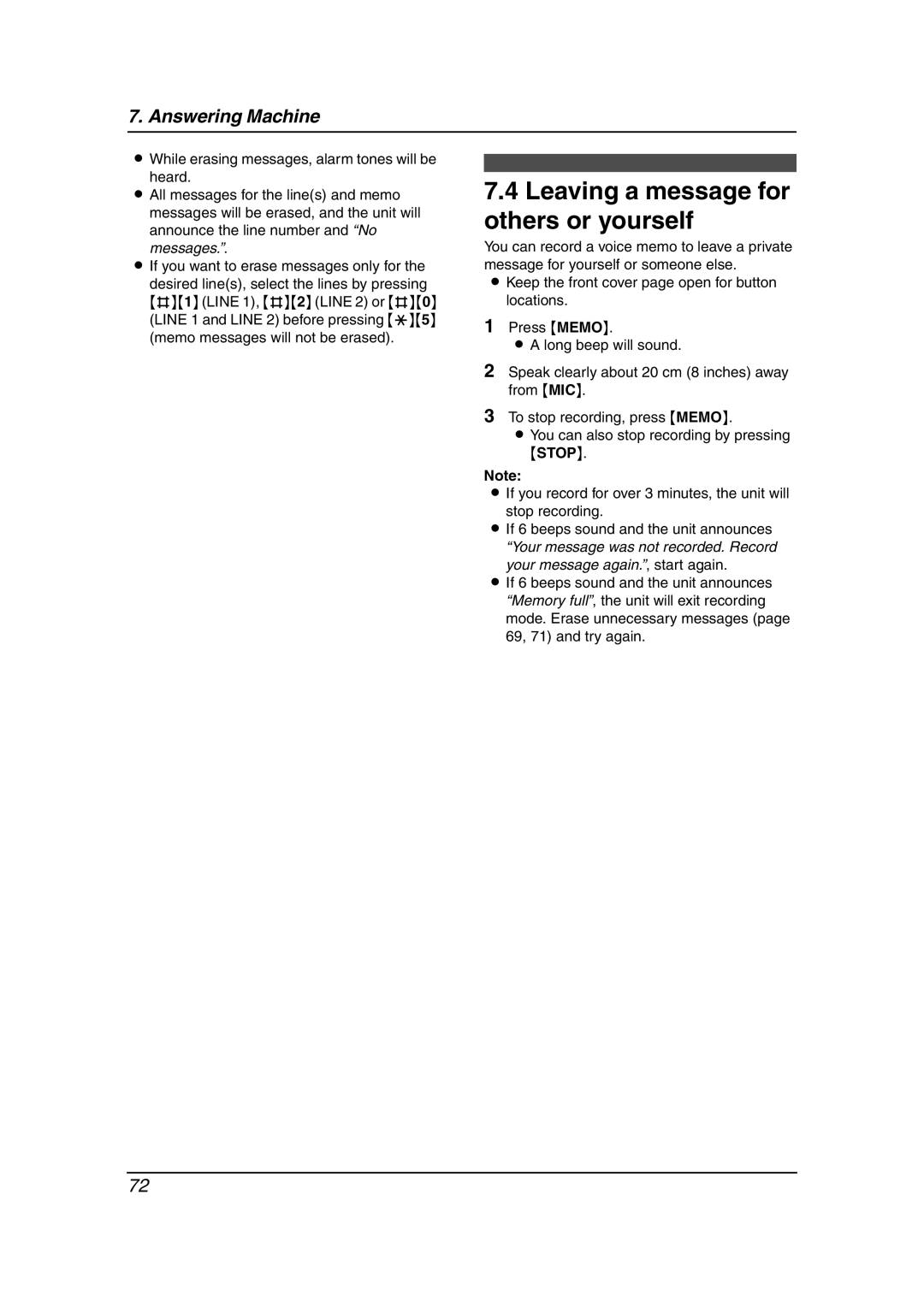 Panasonic KX-FG6550 operating instructions Leaving a message for others or yourself, Stop 