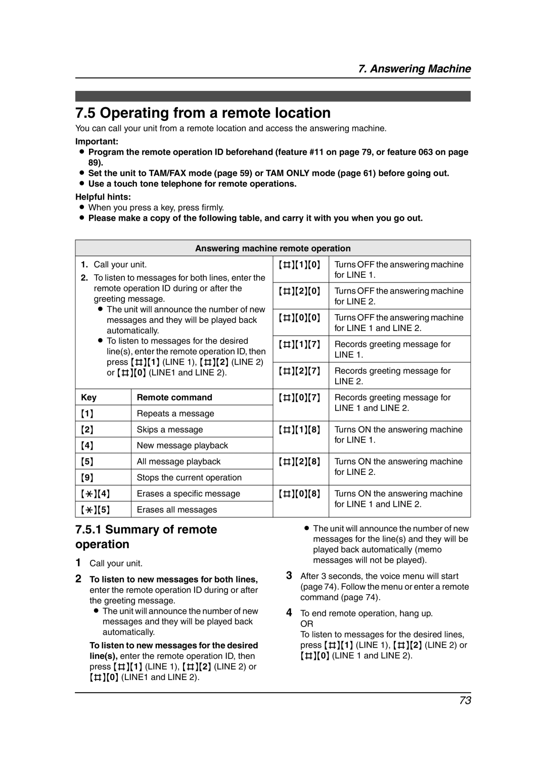 Panasonic KX-FG6550 Operating from a remote location, Summary of remote operation, Key Remote command 