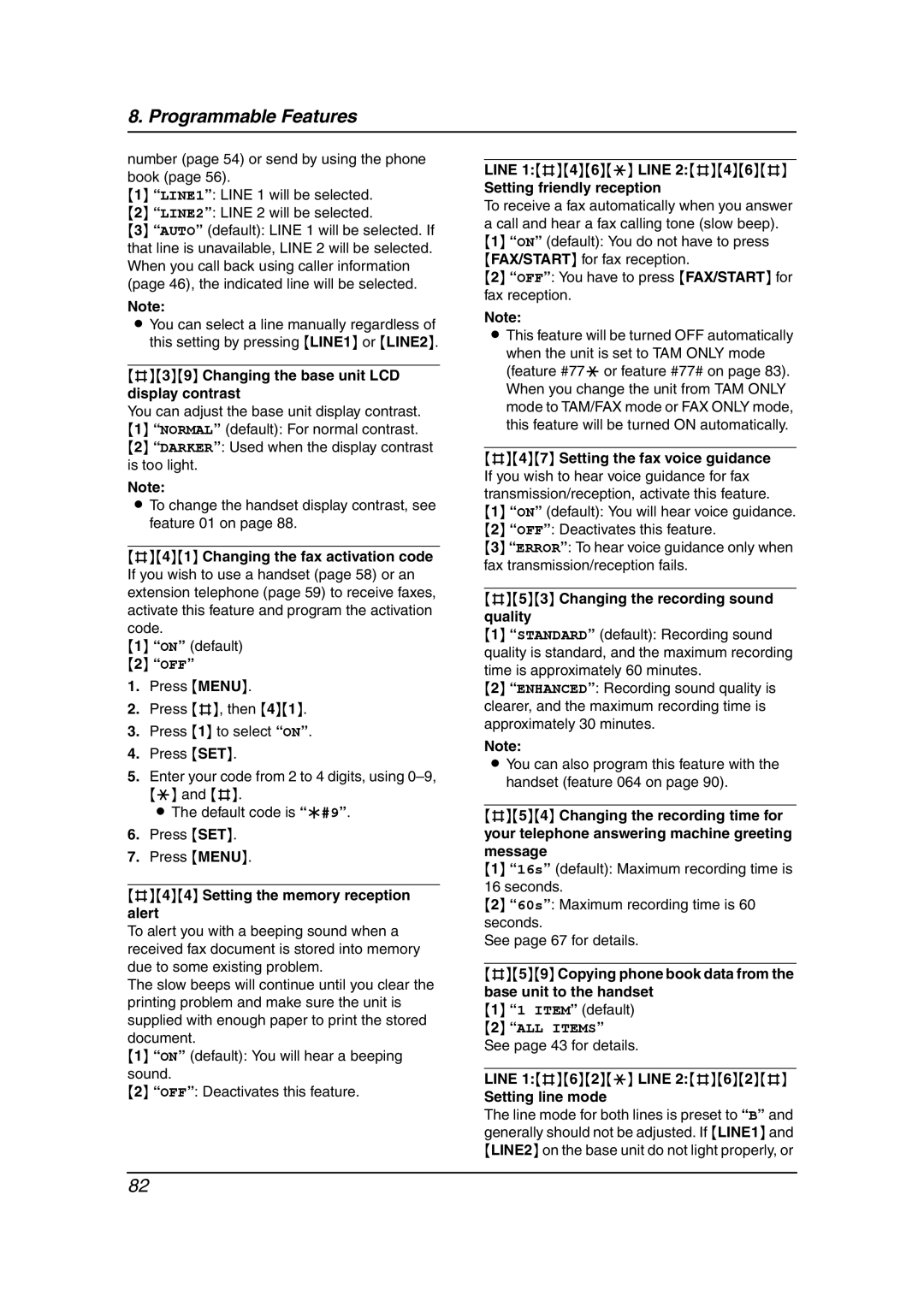 Panasonic KX-FG6550 #39 Changing the base unit LCD display contrast, #44 Setting the memory reception alert 