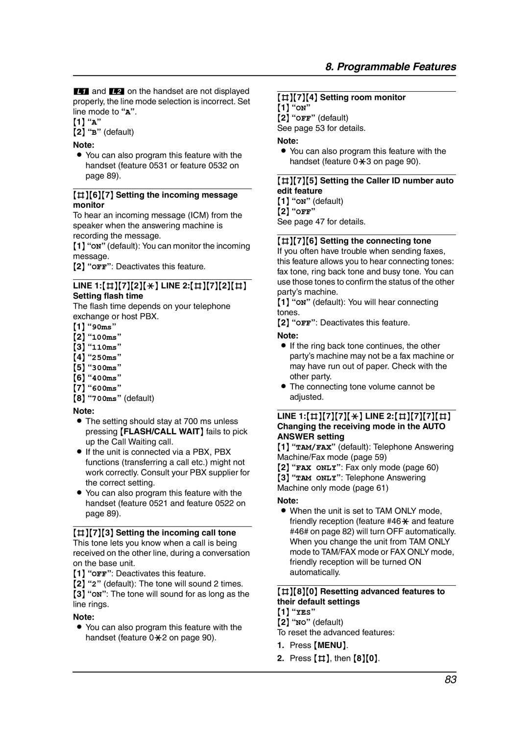 Panasonic KX-FG6550 #67 Setting the incoming message monitor, Setting flash time, #74 Setting room monitor 1 on 