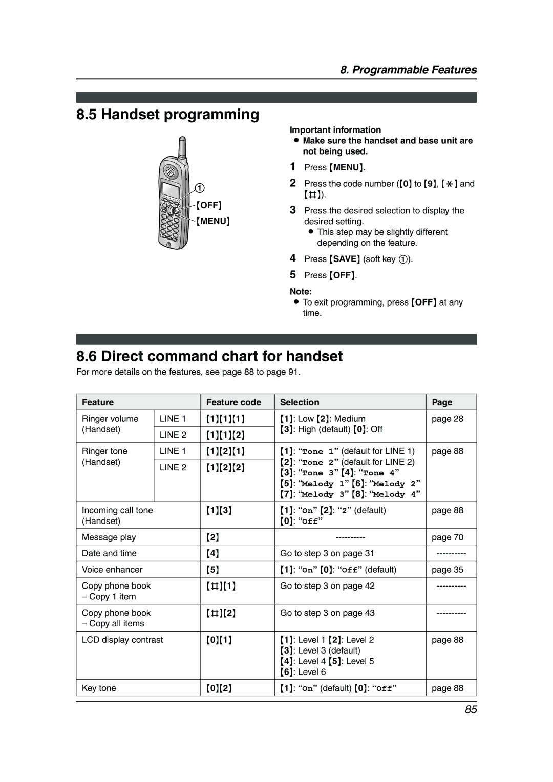 Panasonic KX-FG6550 Handset programming, Direct command chart for handset, Ringer volume, On 2 2 default Handset 