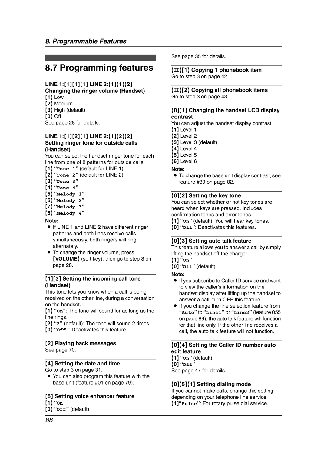 Panasonic KX-FG6550 operating instructions Programming features 