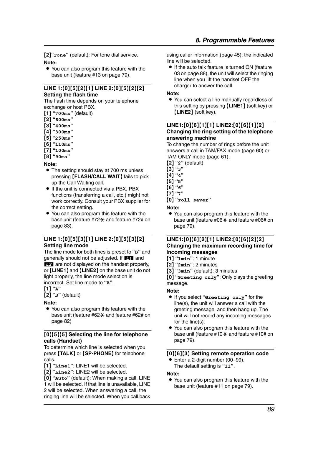 Panasonic KX-FG6550 operating instructions Line 10521 Line Setting the flash time, Line 10531 Line Setting line mode 