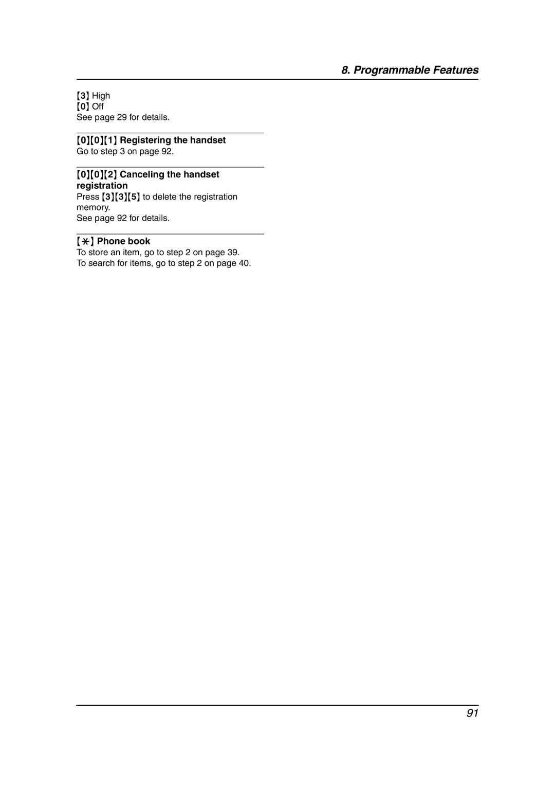 Panasonic KX-FG6550 High Off See page 29 for details, Registering the handset, Canceling the handset registration 