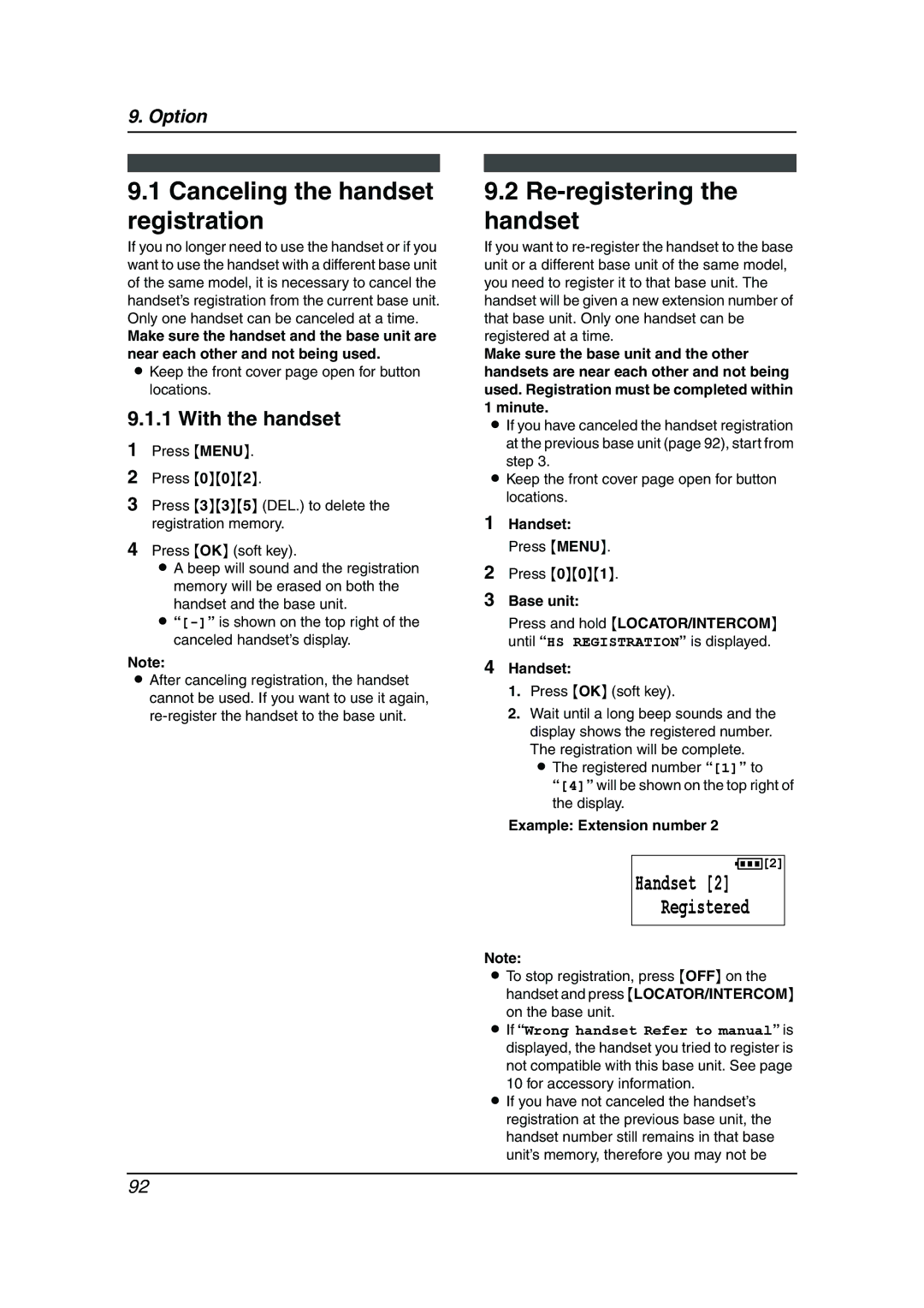 Panasonic KX-FG6550 Canceling the handset registration, Re-registering the handset, Handset Press Menu, On the base unit 