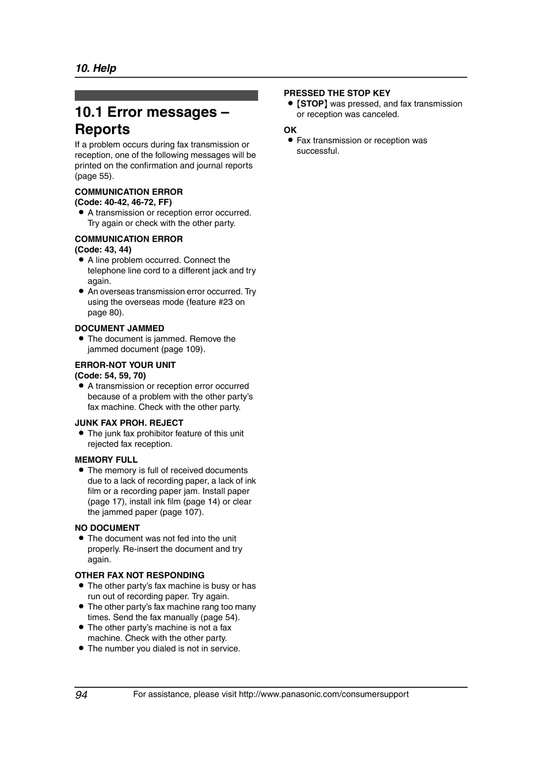 Panasonic KX-FG6550 operating instructions Error messages Reports 