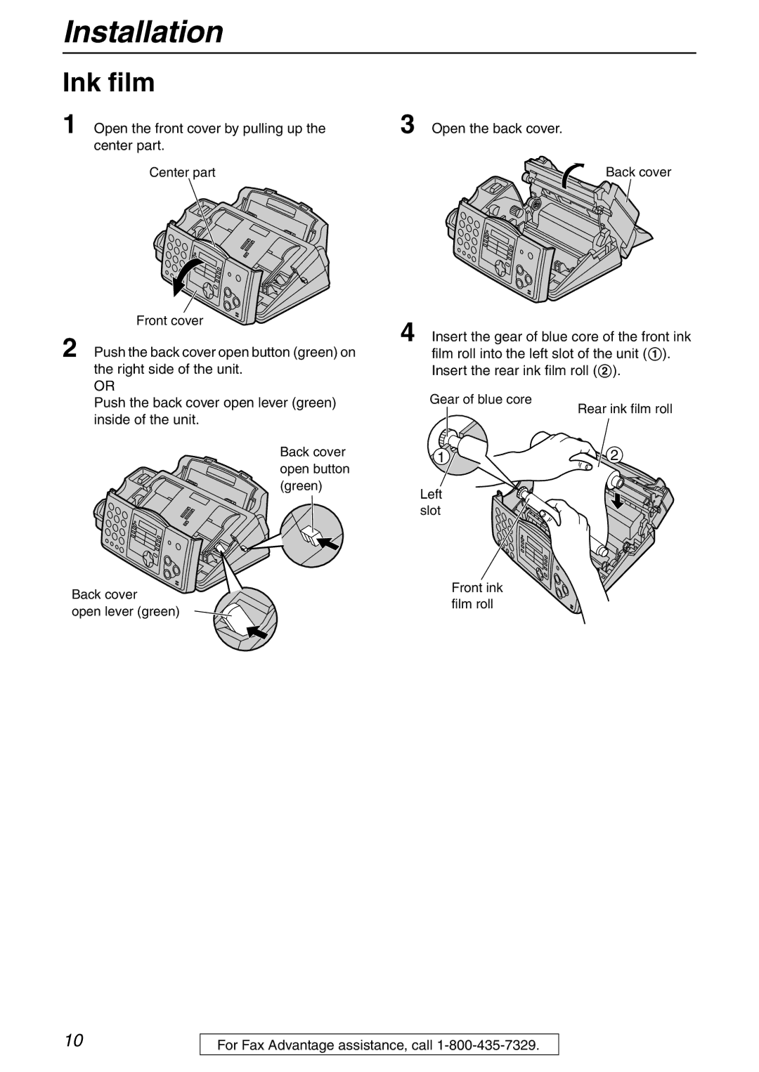 Panasonic KX-FHD332 manual Installation, Ink film, Open the front cover by pulling up the center part, Open the back cover 