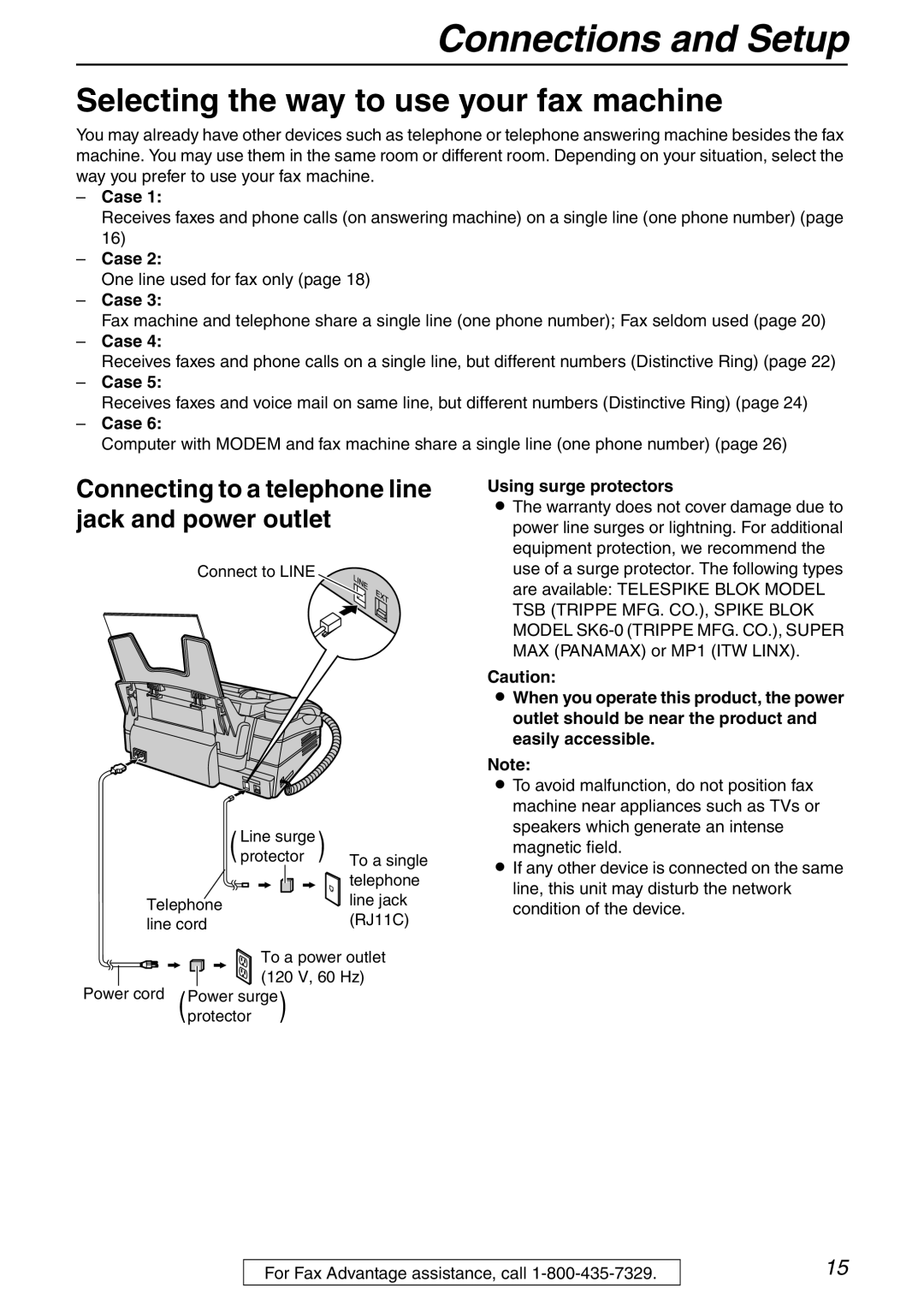 Panasonic KX-FHD332 manual Connections and Setup, Selecting the way to use your fax machine, Case, Using surge protectors 