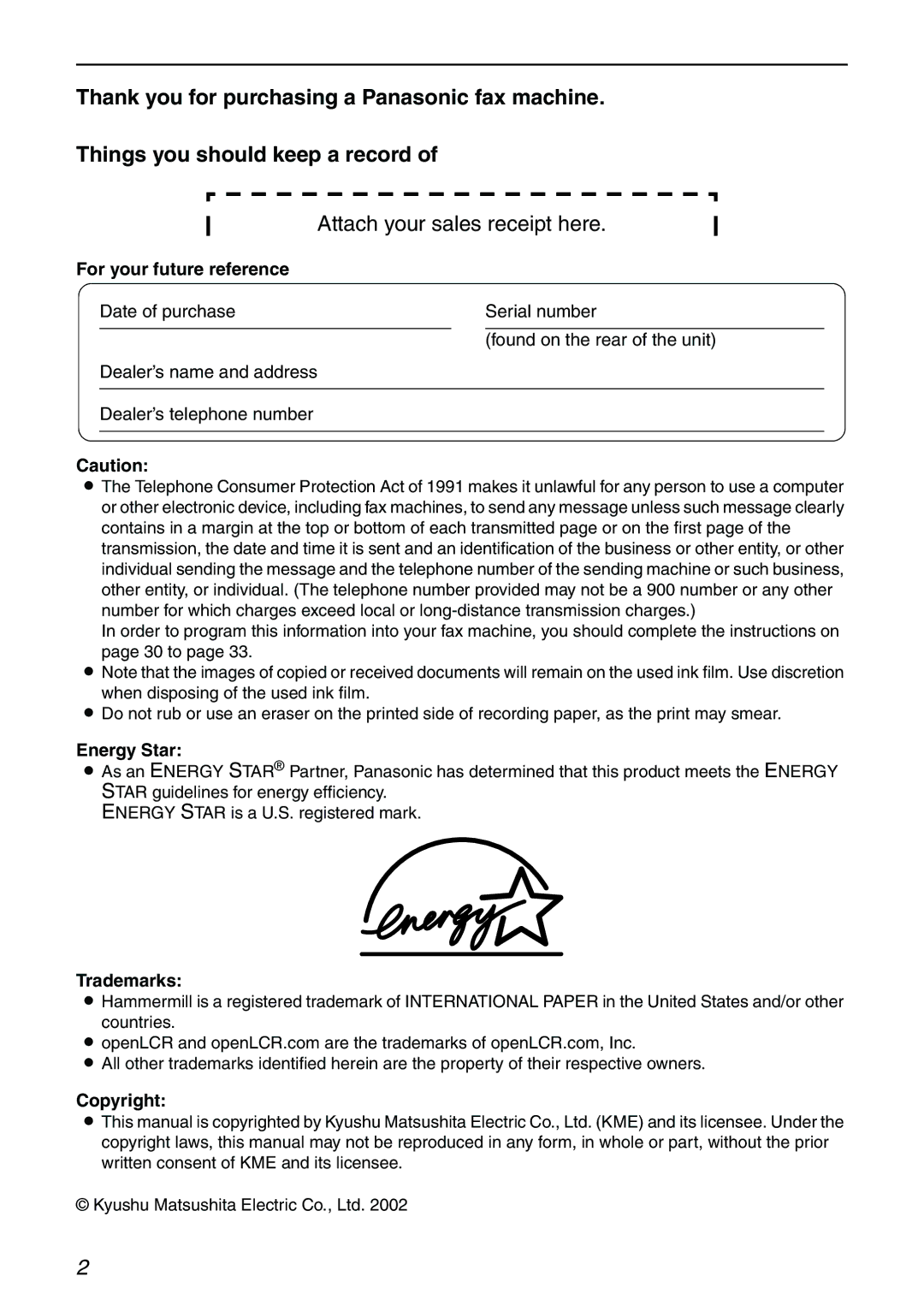 Panasonic KX-FHD332 manual For your future Reference, Energy Star, Trademarks, Copyright 