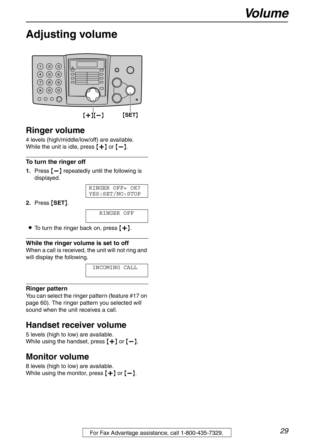 Panasonic KX-FHD332 manual Volume, Adjusting volume, Ringer volume, Handset receiver volume, Monitor volume 