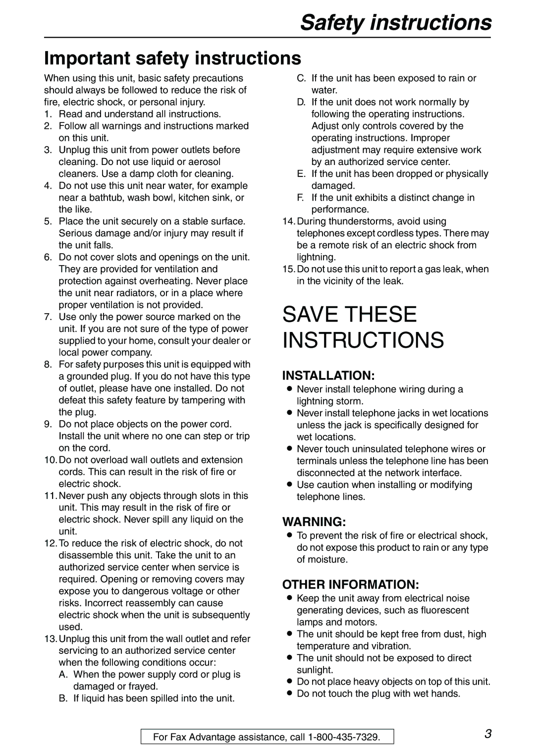 Panasonic KX-FHD332 manual Safety instructions, Important safety instructions 