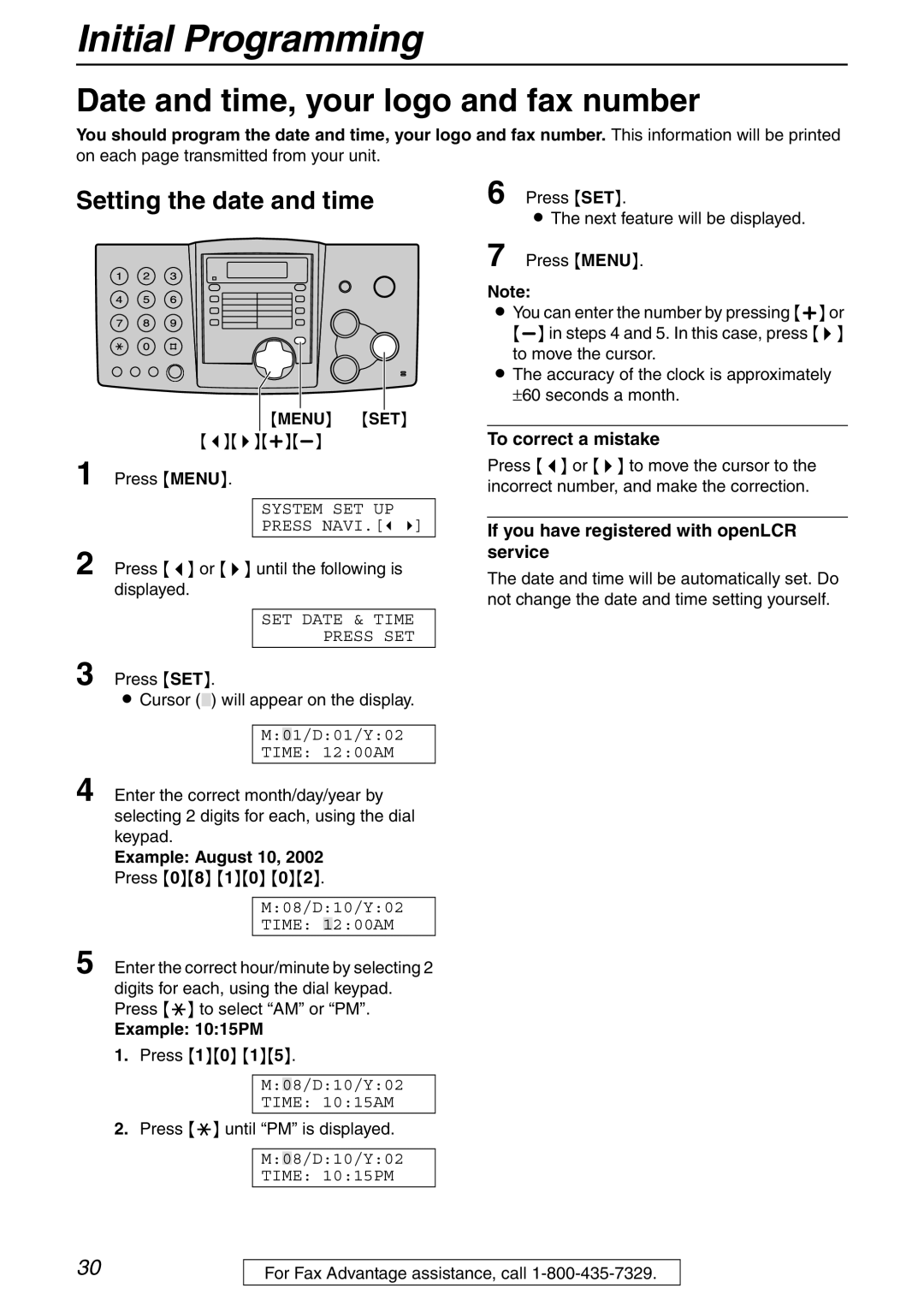 Panasonic KX-FHD332 manual Initial Programming, Date and time, your logo and fax number, Setting the date and time 