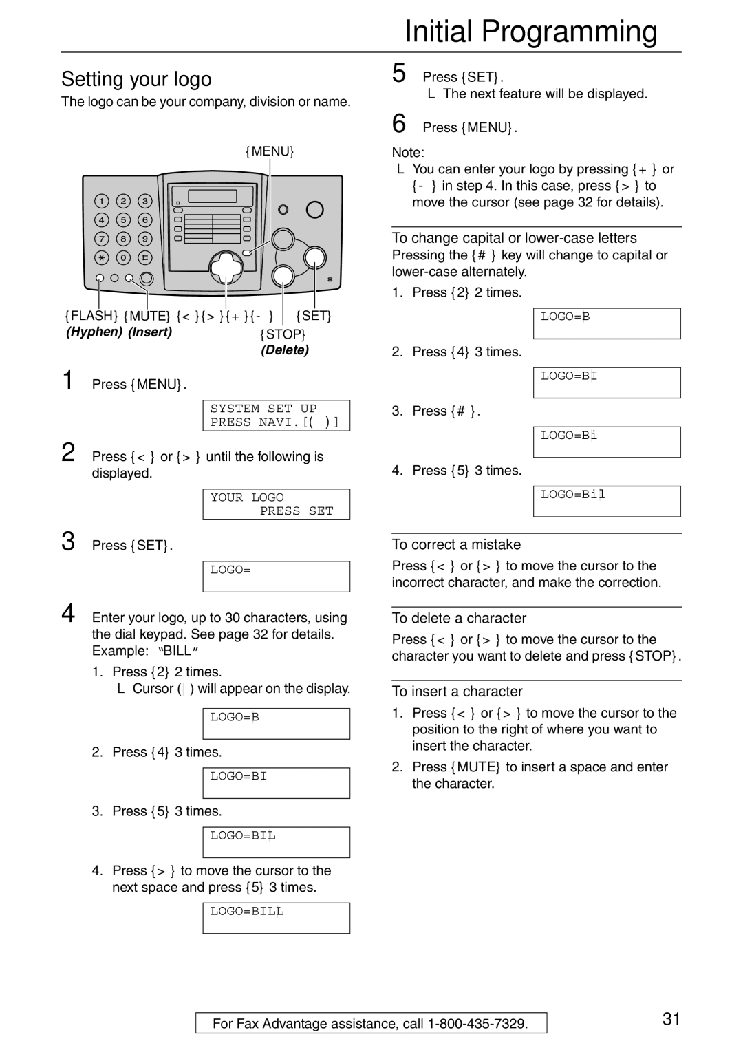 Panasonic KX-FHD332 manual Setting your logo, Example Bill, To change capital or lower-case letters, To delete a character 